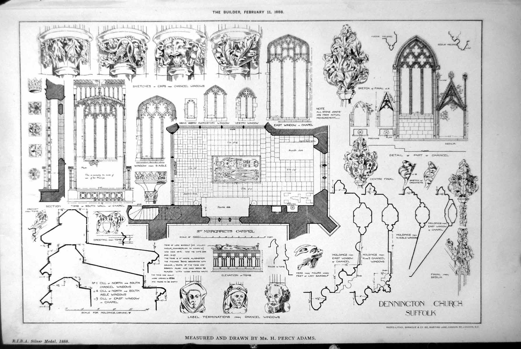 Old Print Dennington Church Suffolk St Margarets Chapel Mings Adams 1888 19th