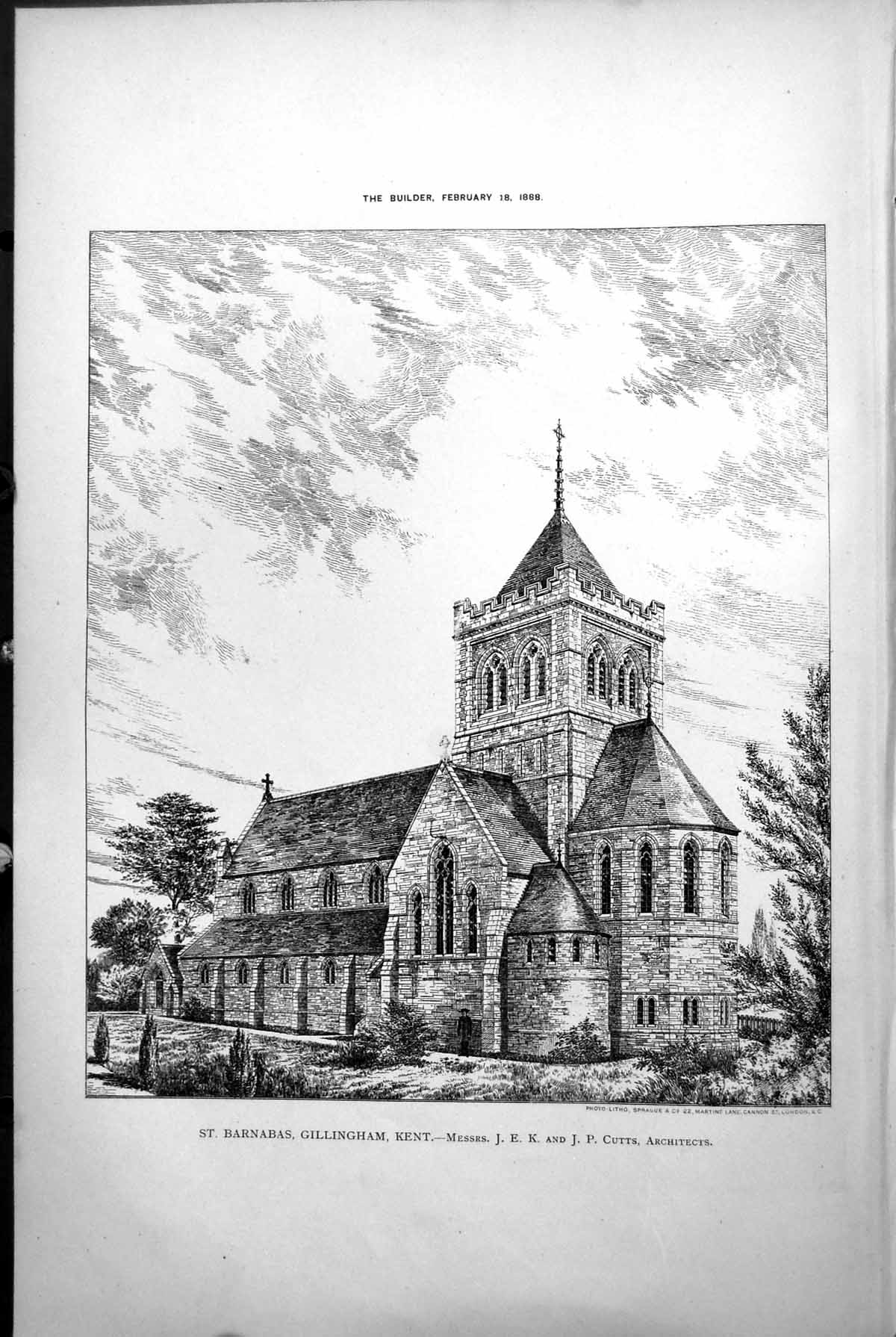 Print St Barnabas Church Gillingham Kent Exterior J & J Cutts Architect 1888