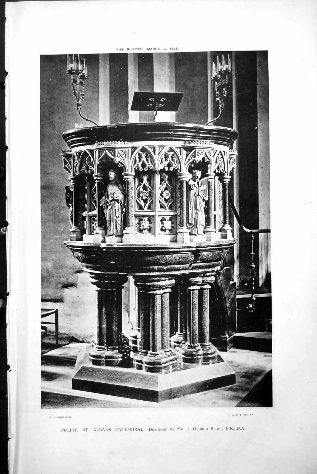 Antique Print Pulpit St Albans Cathedral Carvings Designed J red Scott 1888