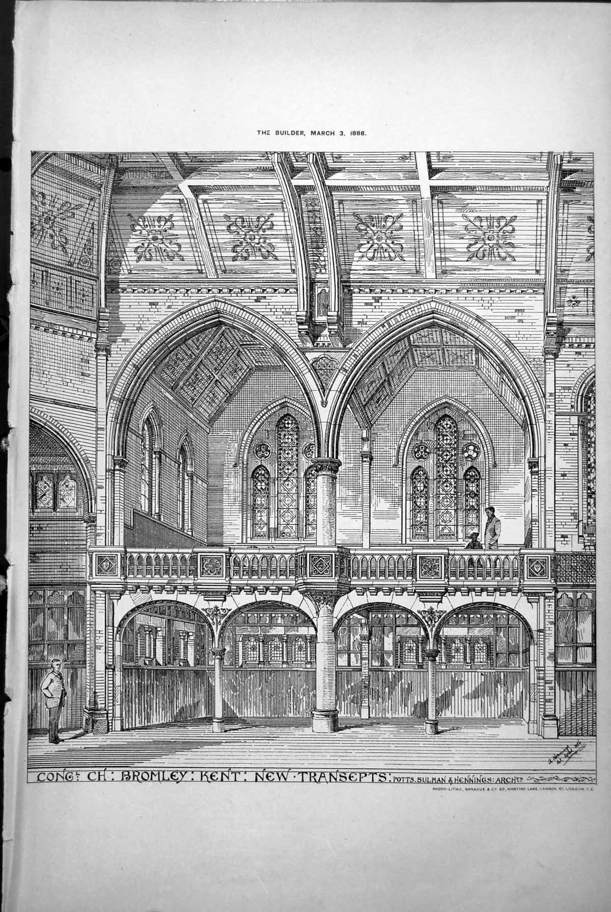 Antique Old Print Cong Church Bromley Kent New Transepts Sulman Hennings 1888