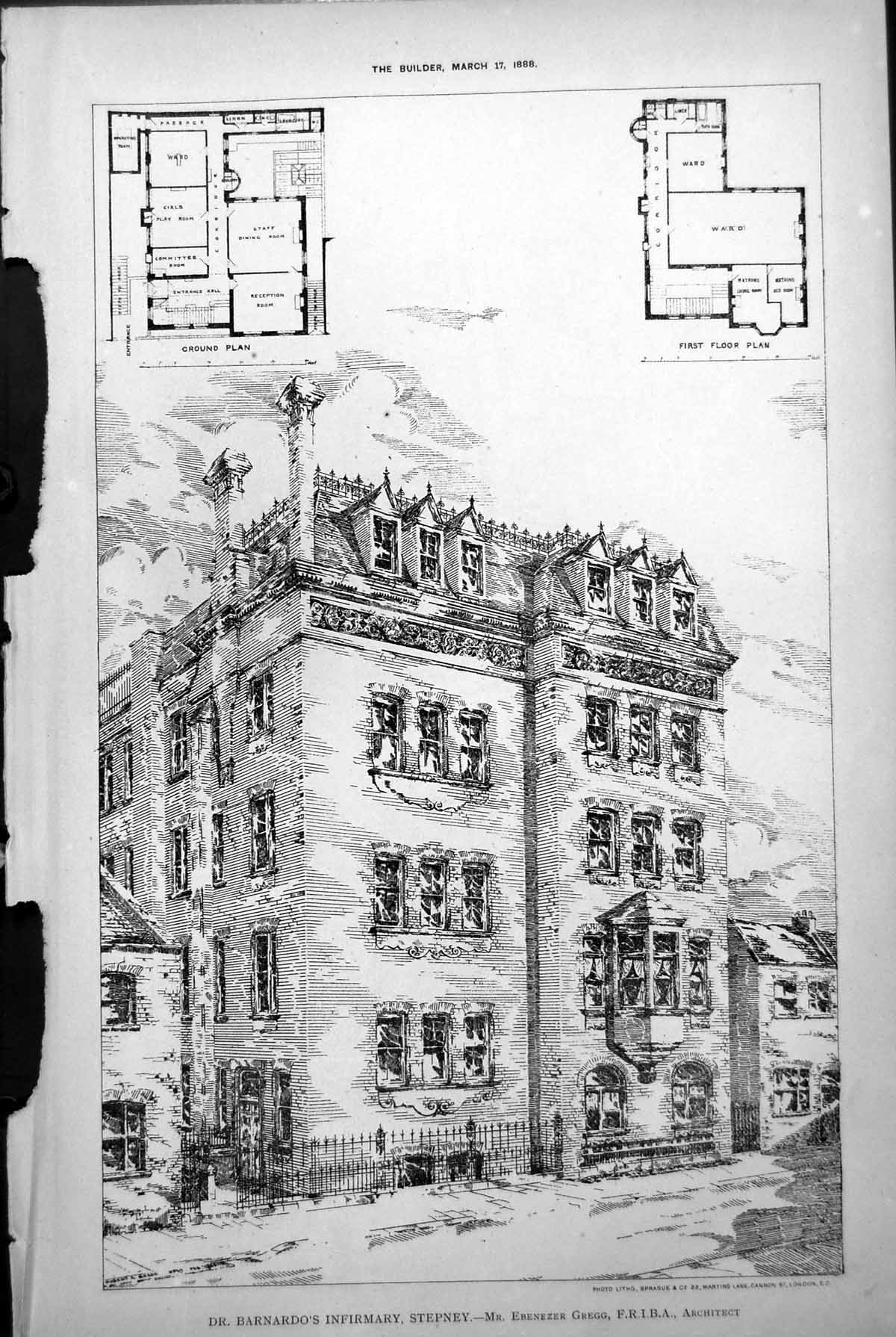 Antique Print Plan Dr Barnardos Infirmary Stepney Ebenezer Gregg Arch 1888 19th