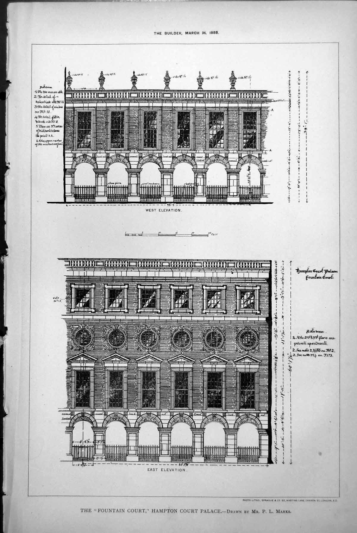 Old Fountain Court Hampton Court Palace East West Elevation Marks 1888 19th