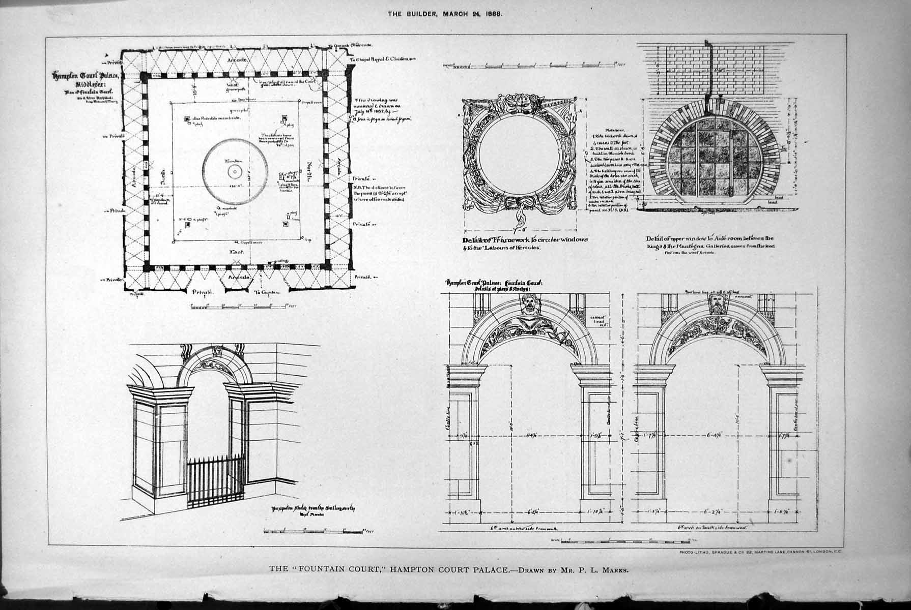 Old Antique Print Plans Fountain Court Hampton Court Palace P Marks 1888 19th