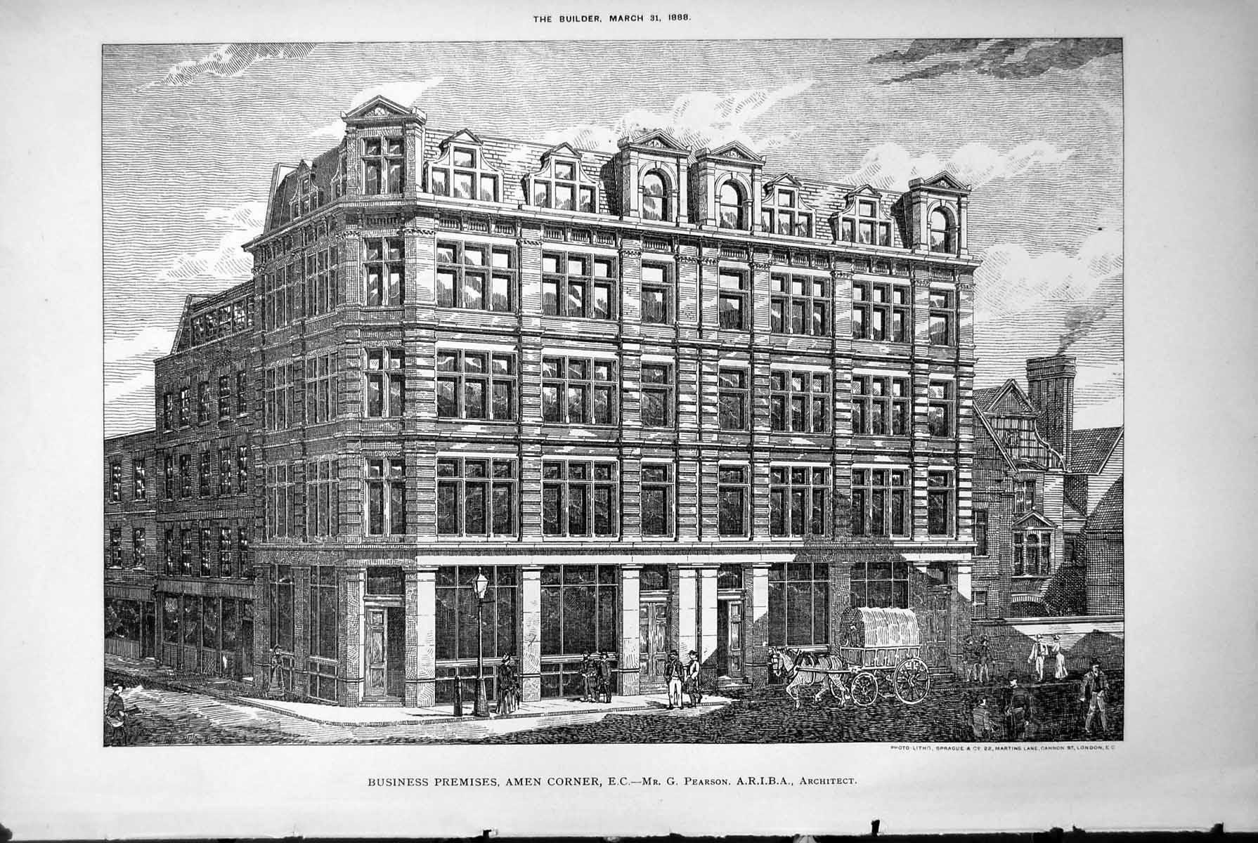 Old Antique Print Business Premises Amen Corner G Pearson Architect 1888 19th