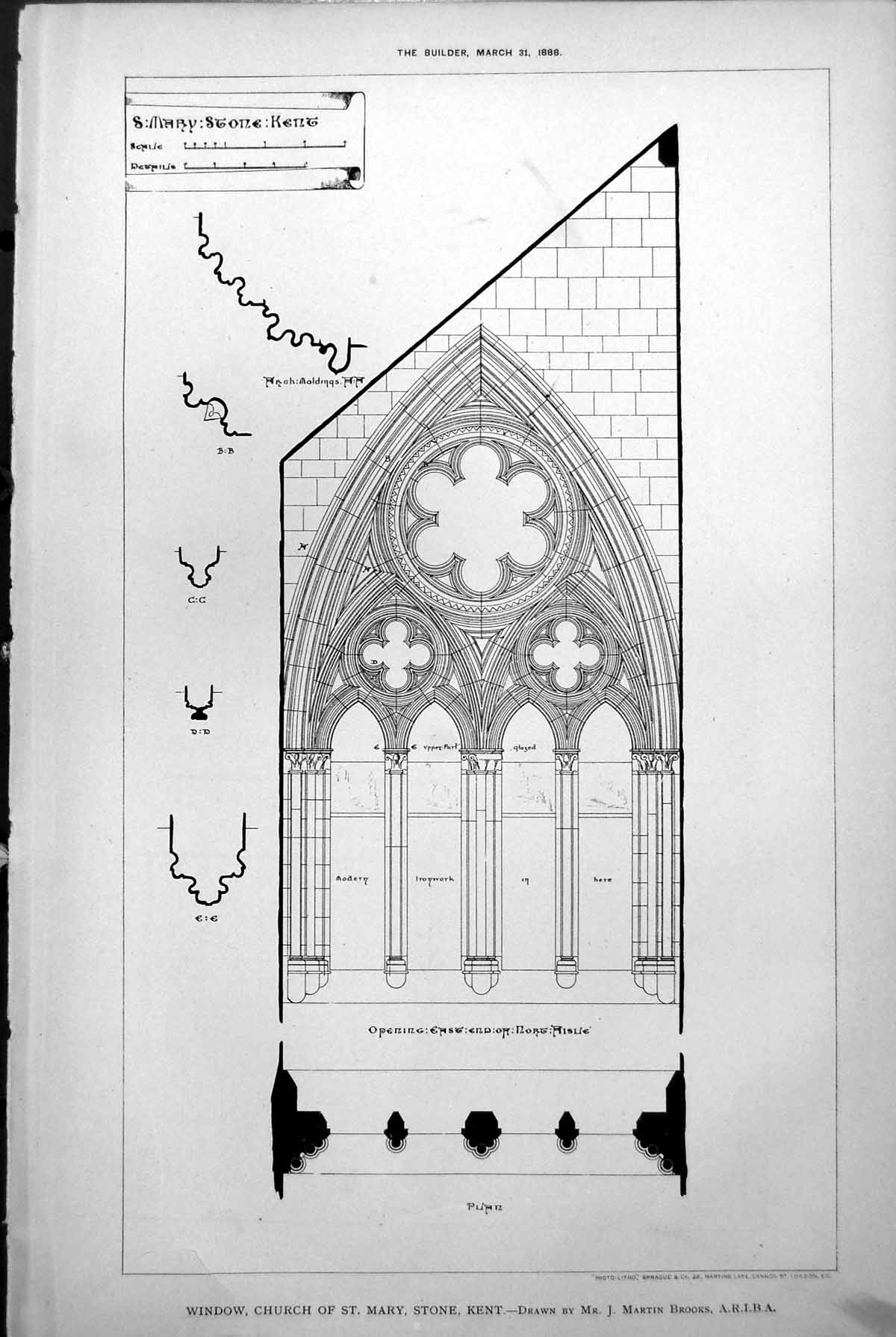 Old Print Plan Window Church St Mary Stone Kent North Aisle J Brooks 1888 19th