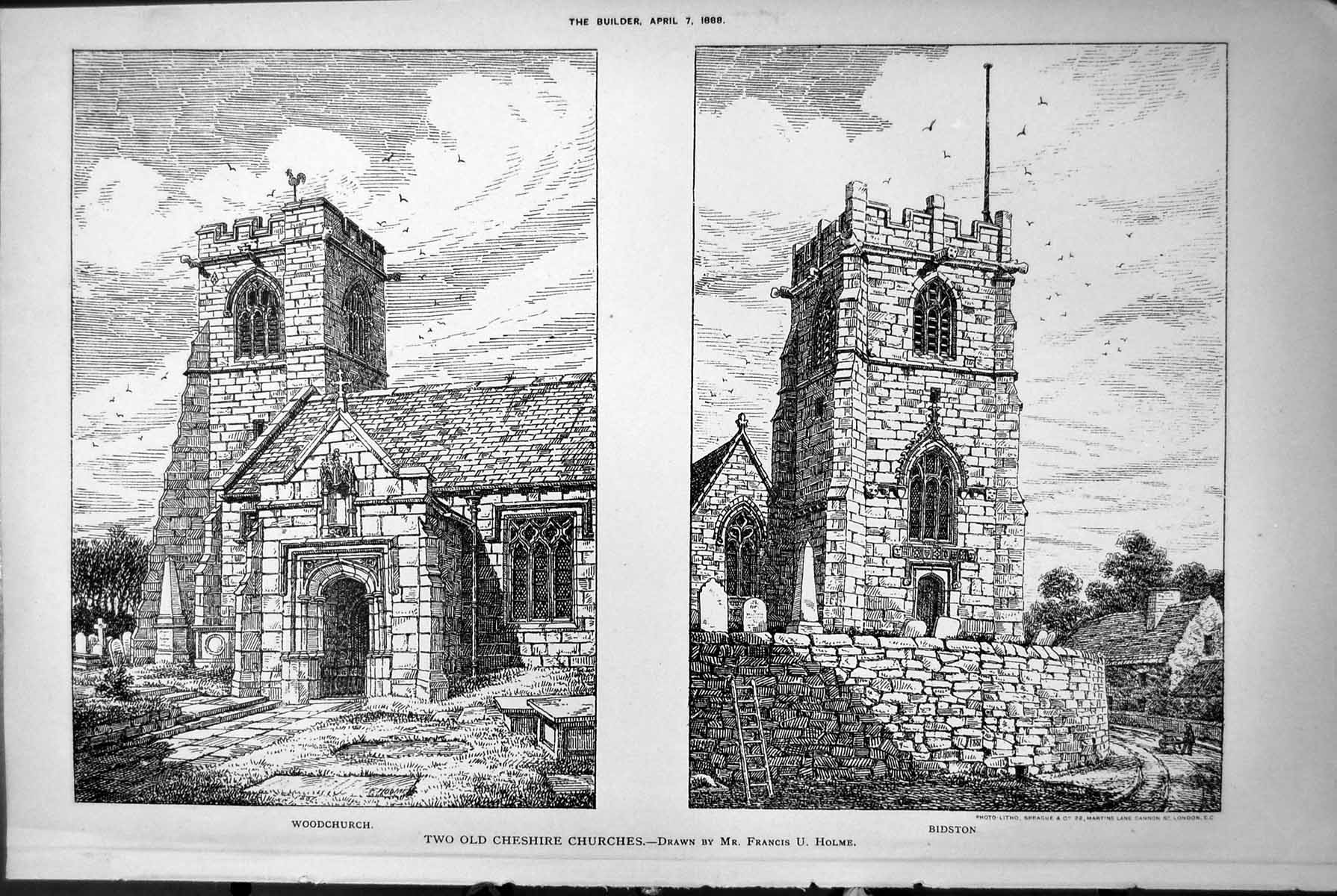 Old Antique Print Two Cheshire Churches Woodchurch Bidston F Holme 1888 19th