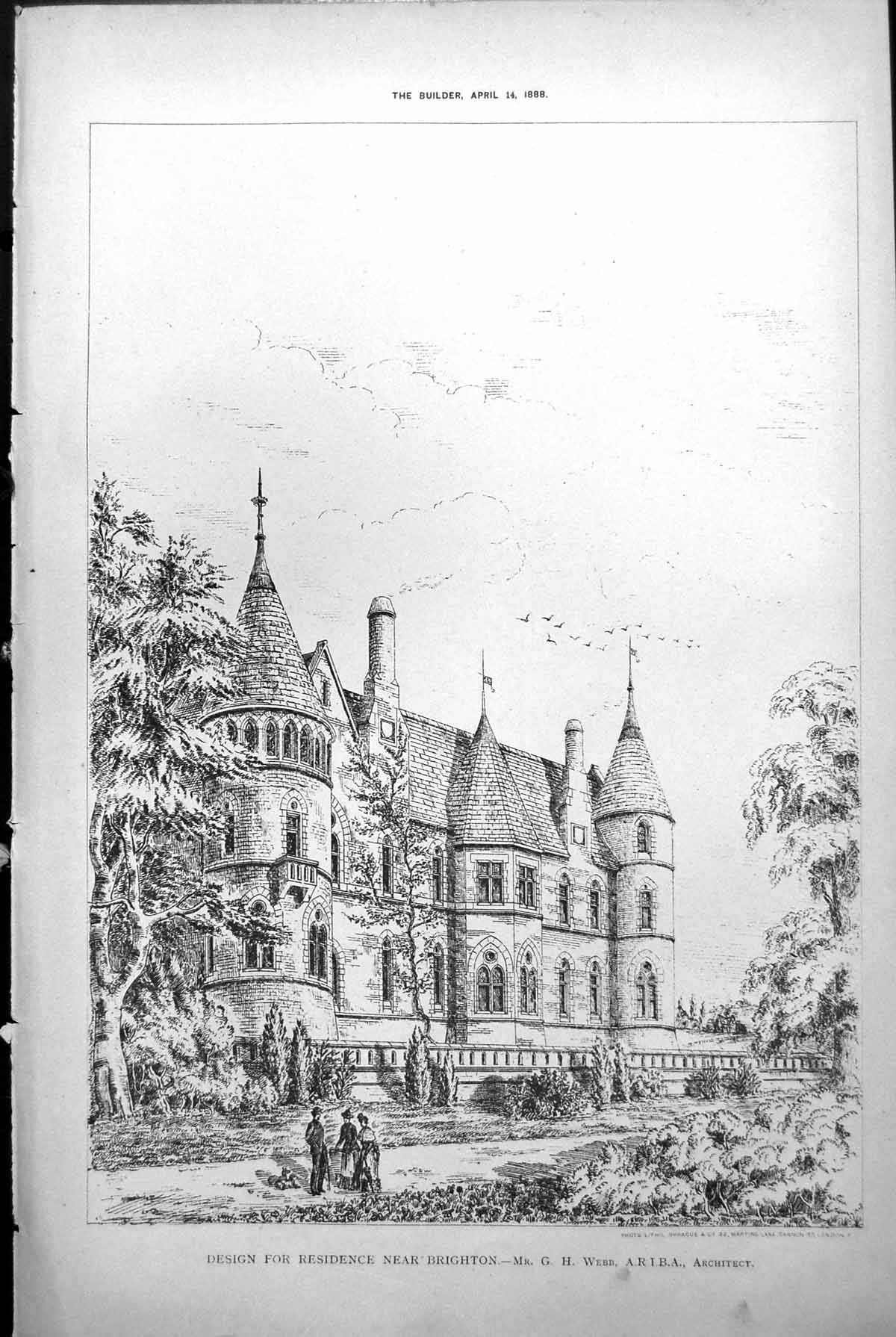 Old Print Design Residence Near Brighton Large House Turrets G Webb 1888 19th