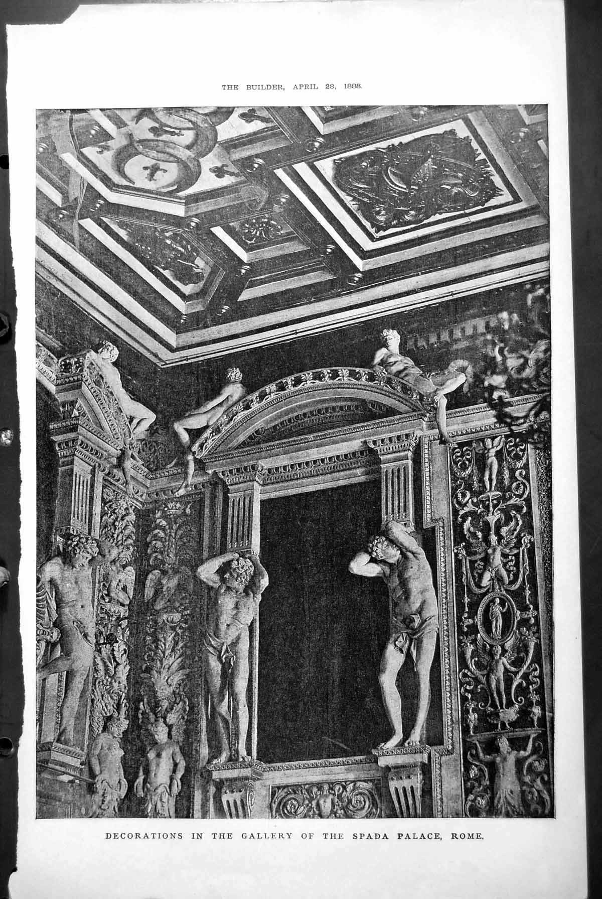 Original Old Antique Print Decorations Gallery Spada Palace Rome Carvings 1888