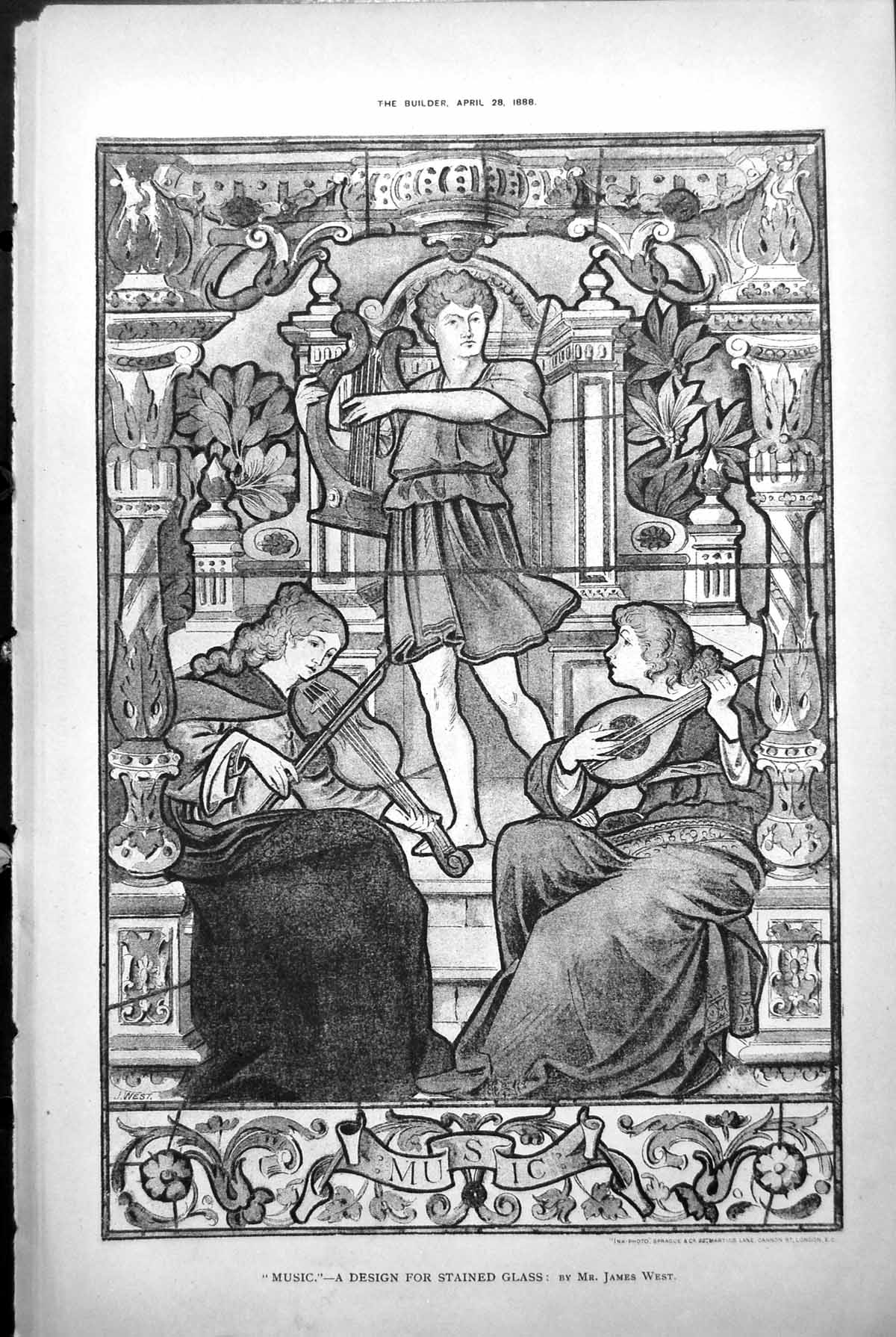 Old Print Music People Playing Instruments Design Stained Glass James West 1888