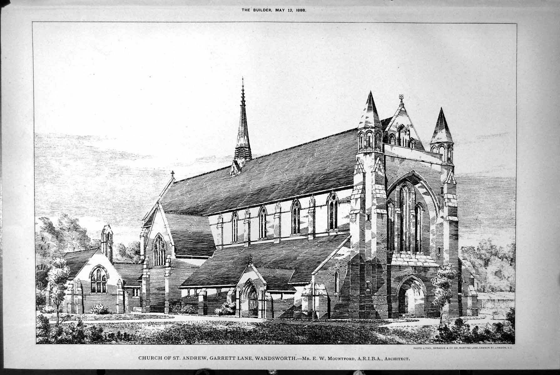 Old Print Church St Andrew Garrett Lane Wandsworth E Mountford Arch 1888 19th