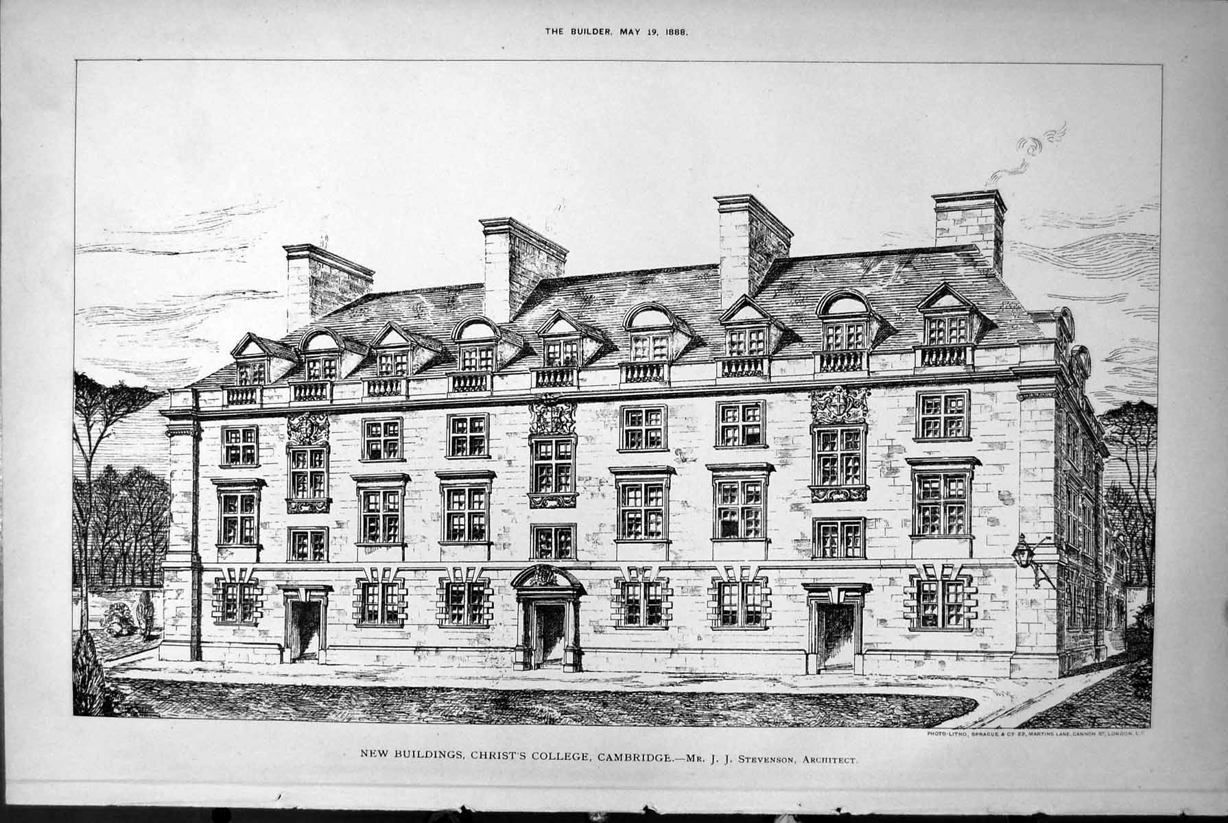 Antique Print New Buildings Christs College Cambridge J Stevenson Arch 1888