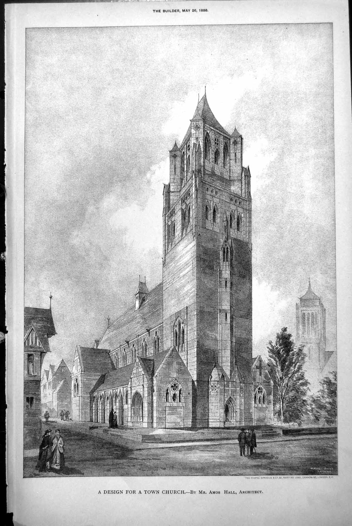 Original Old Antique Print Design Town Church Amos Hall Architect 1888 19th