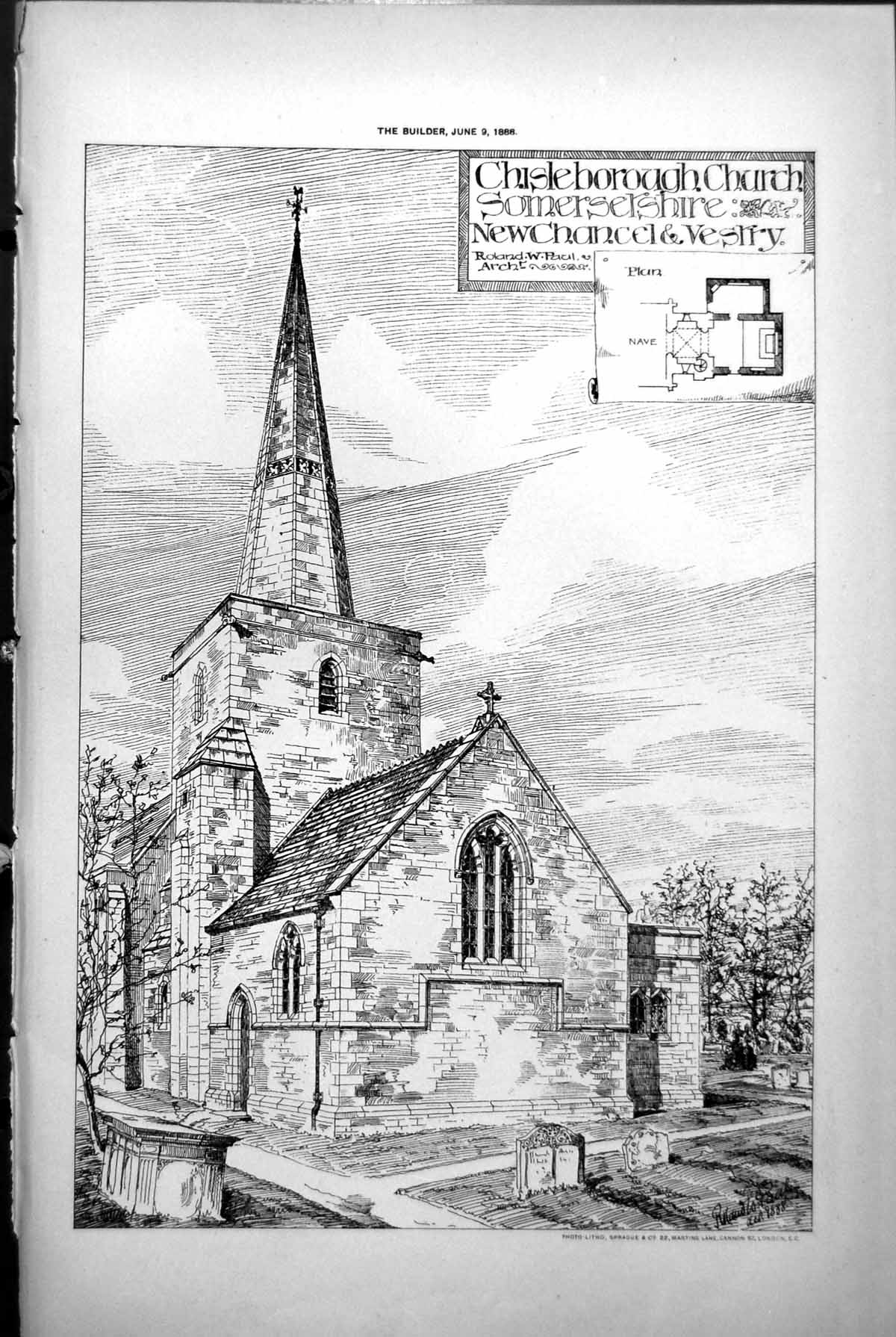 Old Print Plan Chisleborough Church Somerset New Chancel Vestry Paul 1888 19th