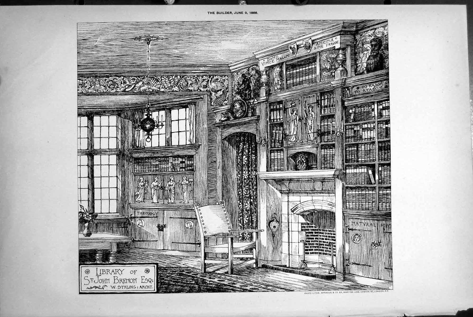 Antique Old Print Library St John Brenon Fireplace W Stirling Architect 1888