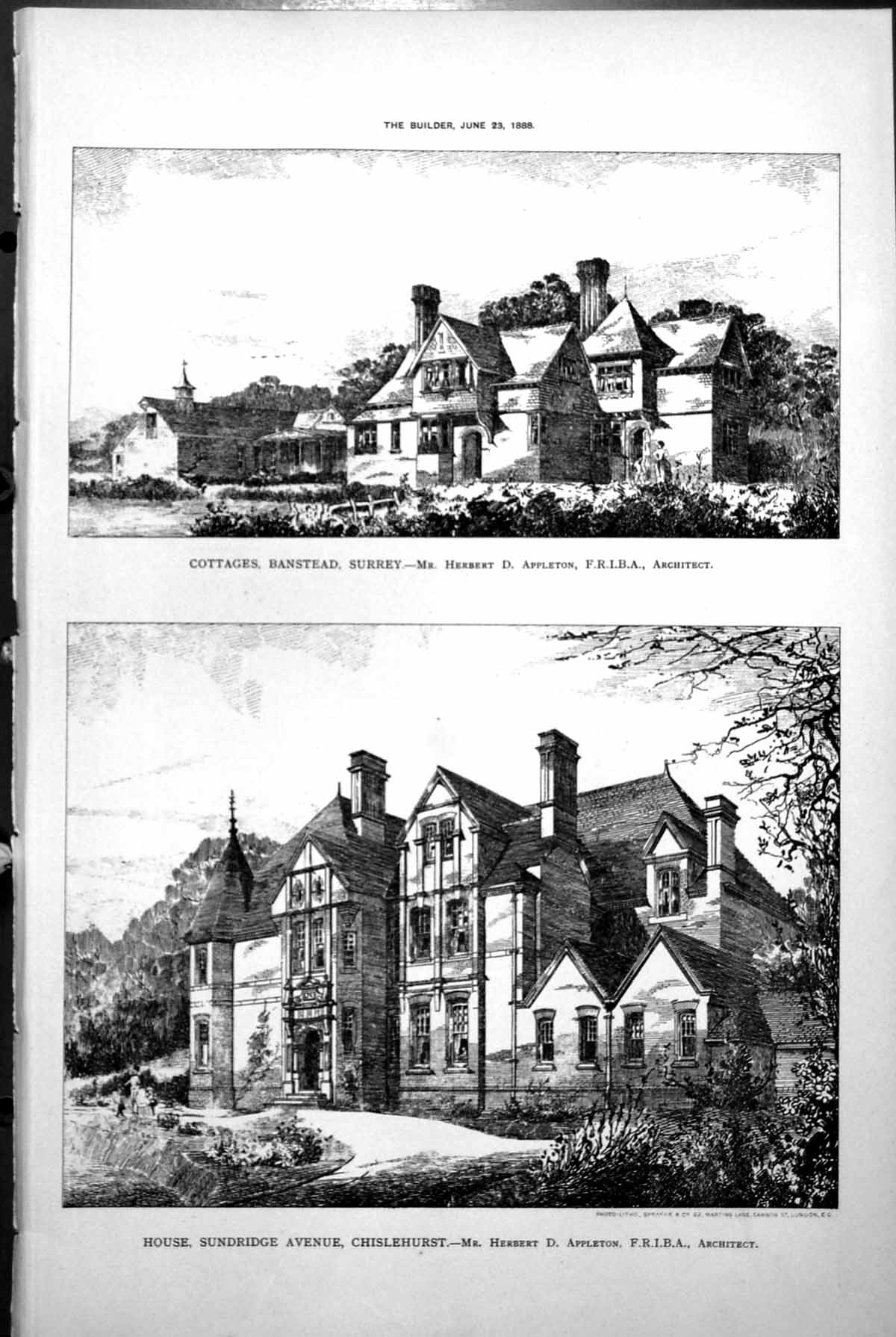 Old Print Cottages Banstead Surrey House Sunbridge Ave Chislehurst Appleton1888