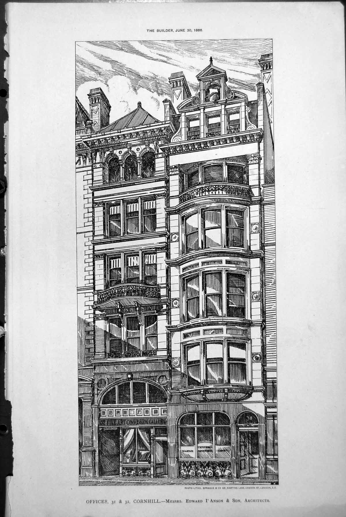 Antique Print Offices 31 & 32 Cornhill Edward I'Anson & Son Architects 1888