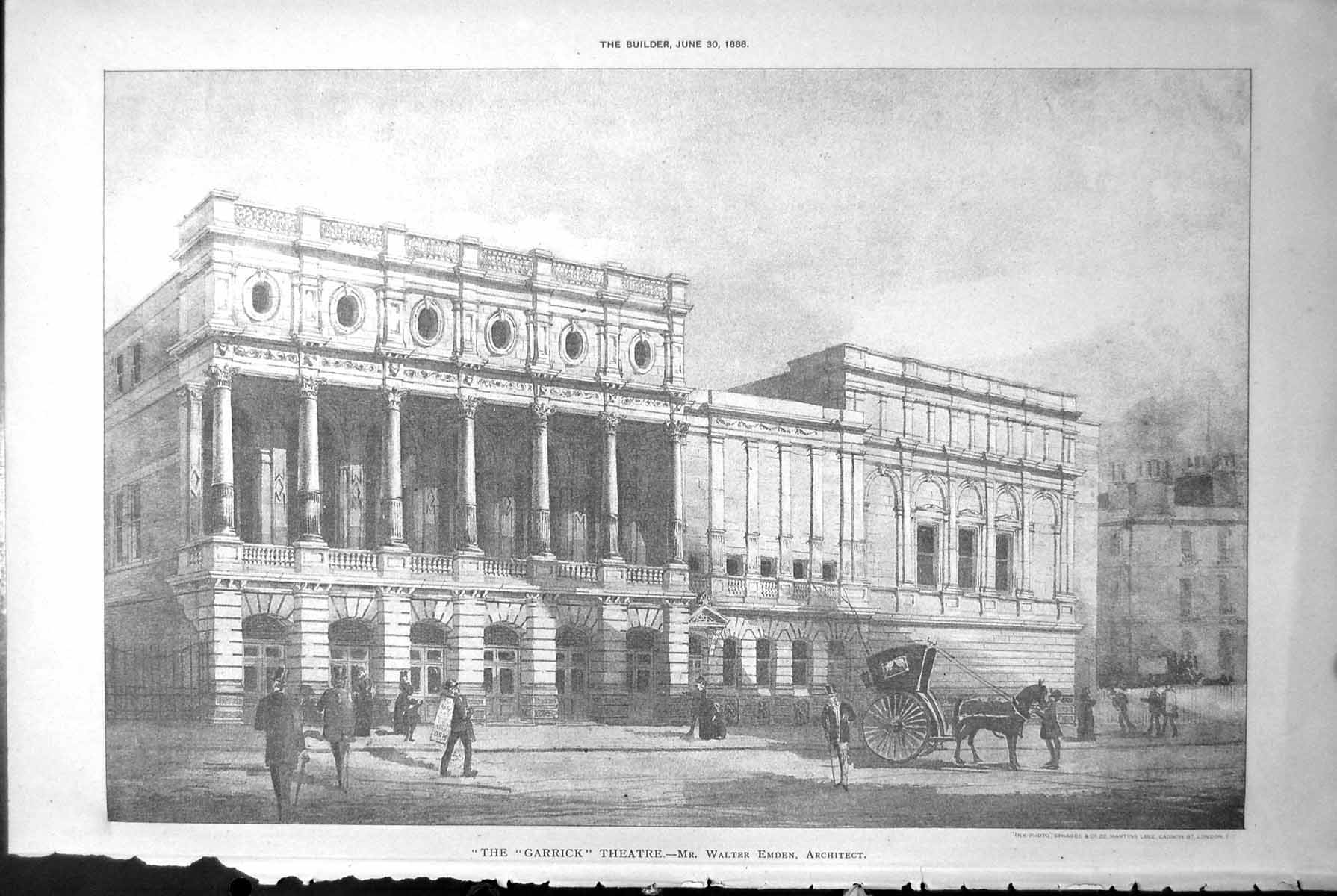 Old Antique Print Garrick Theatre View Front Walter Emden Architect 1888 19th