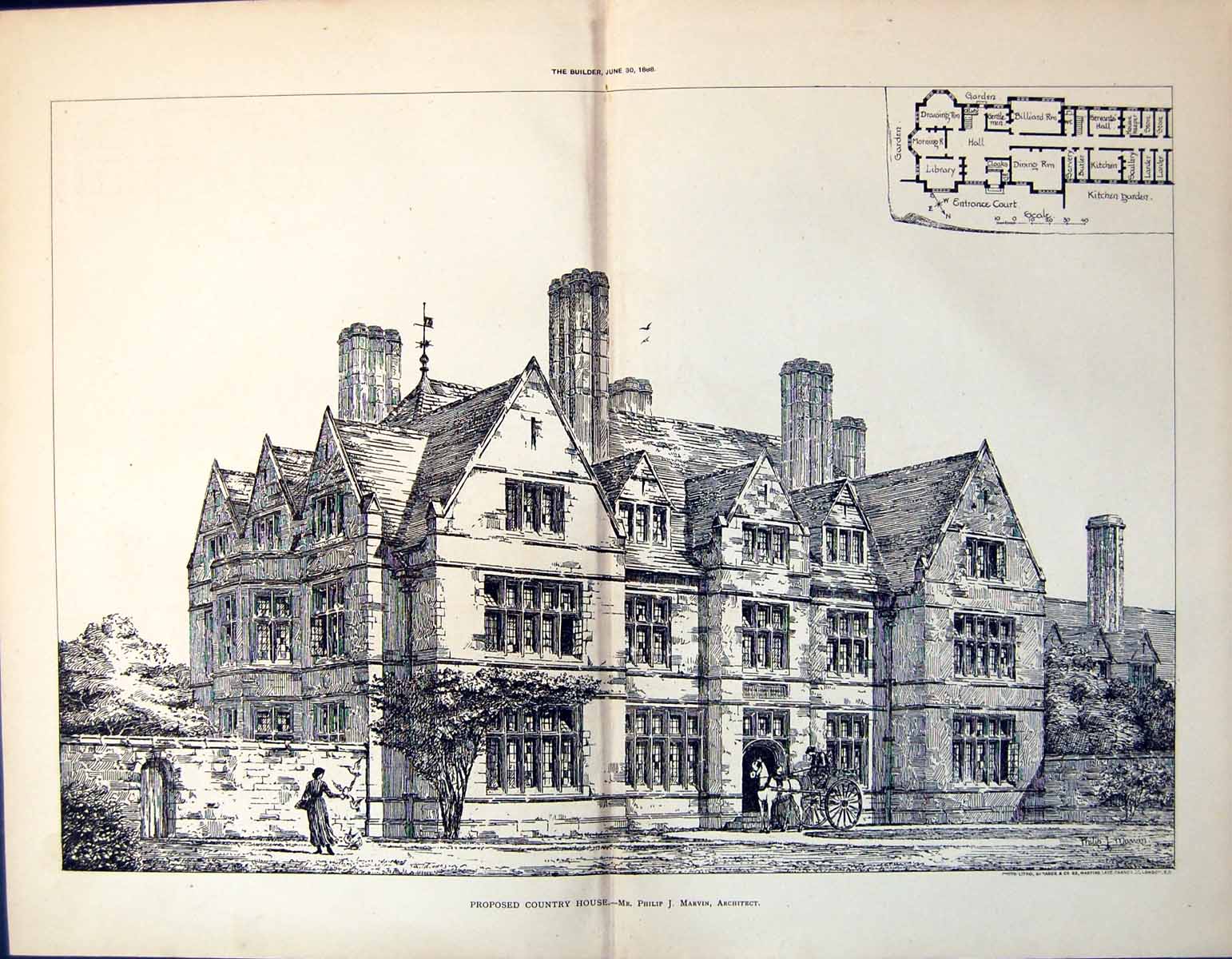 Antique Old Print Plan Proposed Country House Philip Marvin Architect 1888