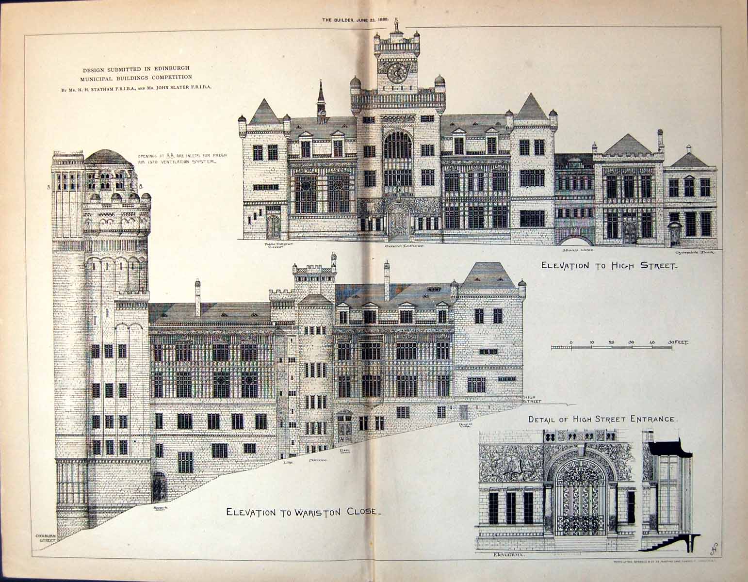 Old Design Edinburgh Municipal Buildings Plans Statham & Slater 1888Victorian