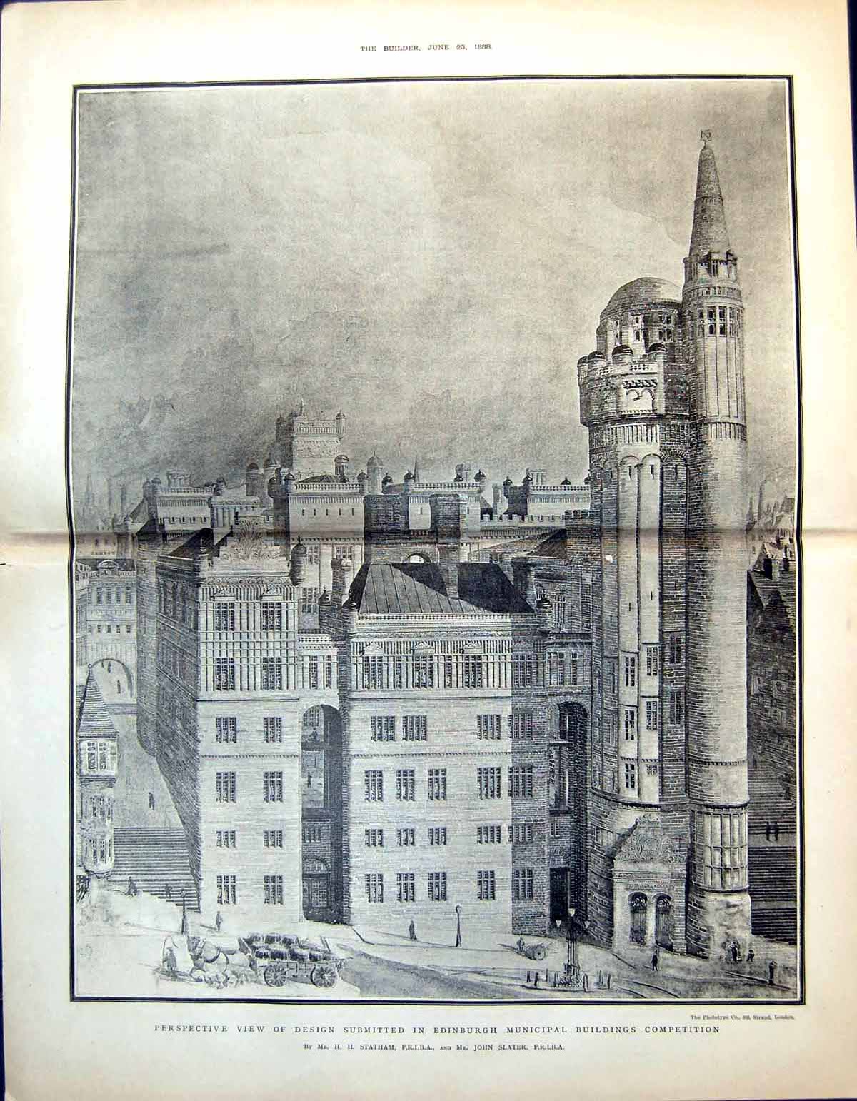 Old Print Perspective View Edinburgh Municipal Buildings Statham & Slater 1888
