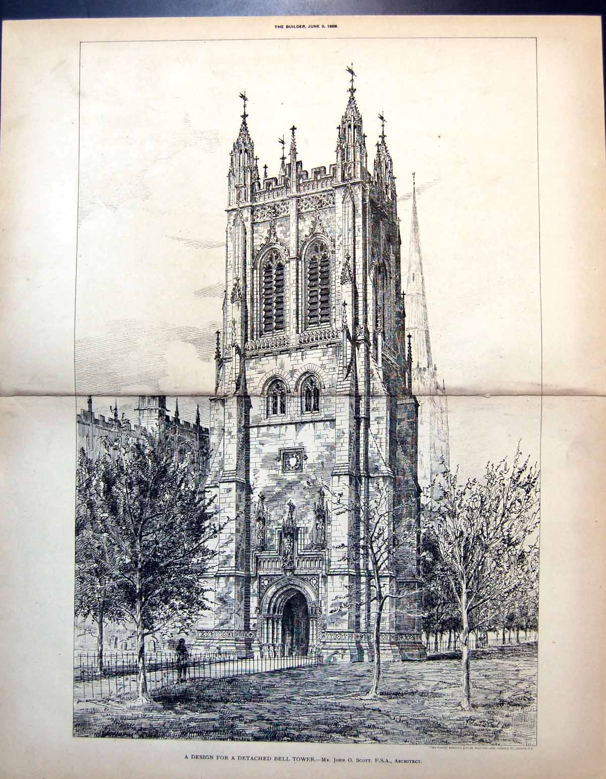Old Antique Print Design Detached Bell Tower John Scott Architect 1888 19th