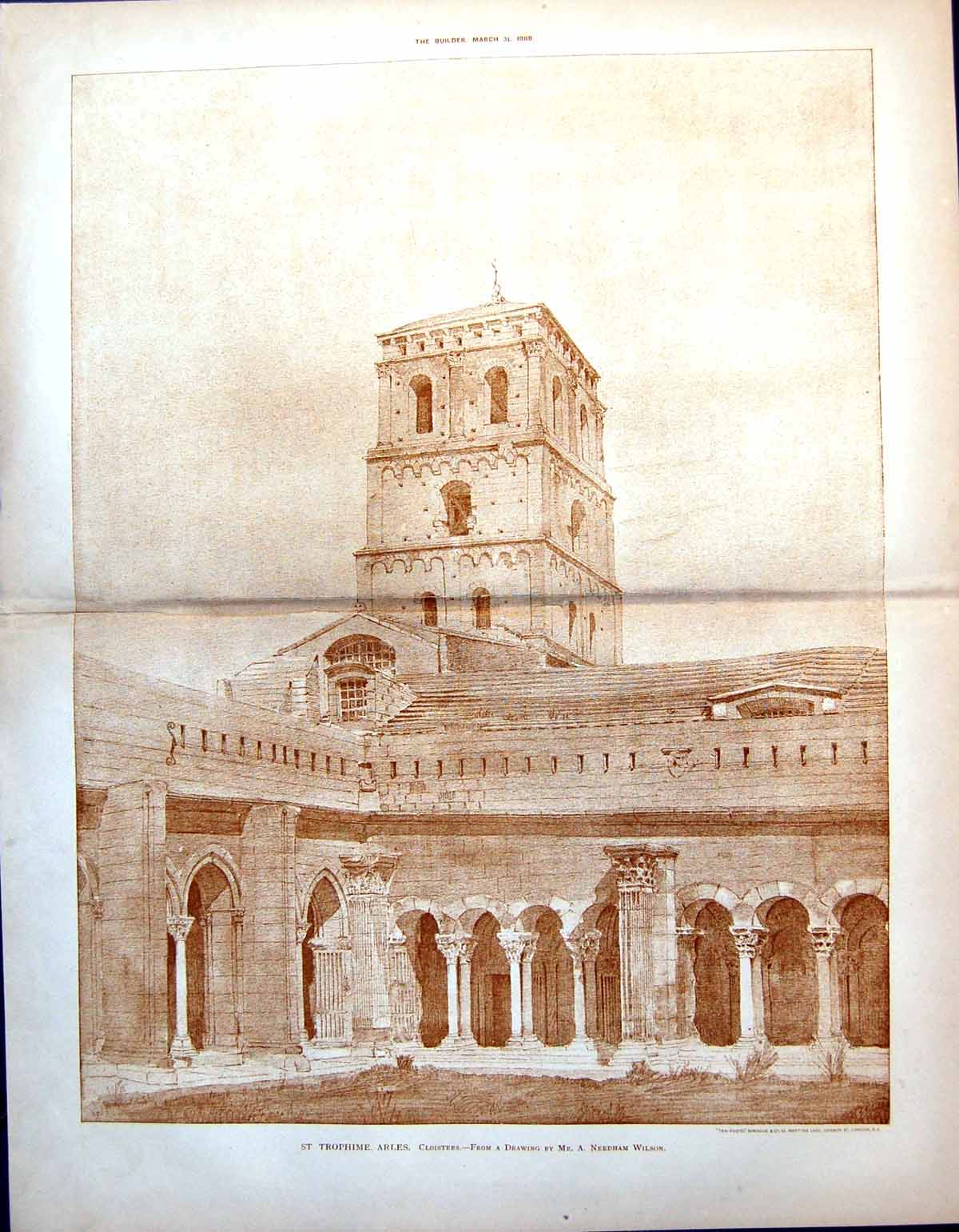 Antique Old Print St Trophime Arles Cloisters Drawing A Needham Wilson 1888