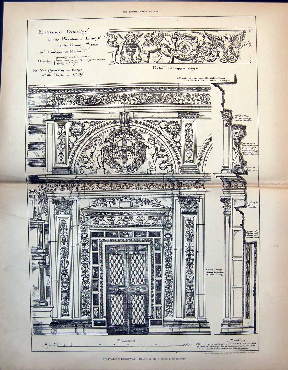 Old Print Italian Doorway Piccolomini Library Duomo Siena L Mariano 1888 19th