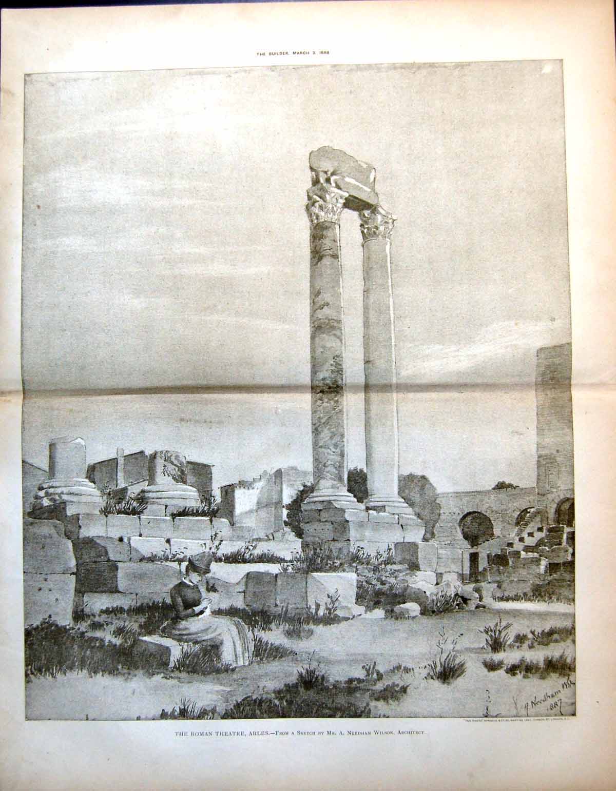 Original Old Antique Print Roman Theatre Arles A Needham Wilson Architect 1888