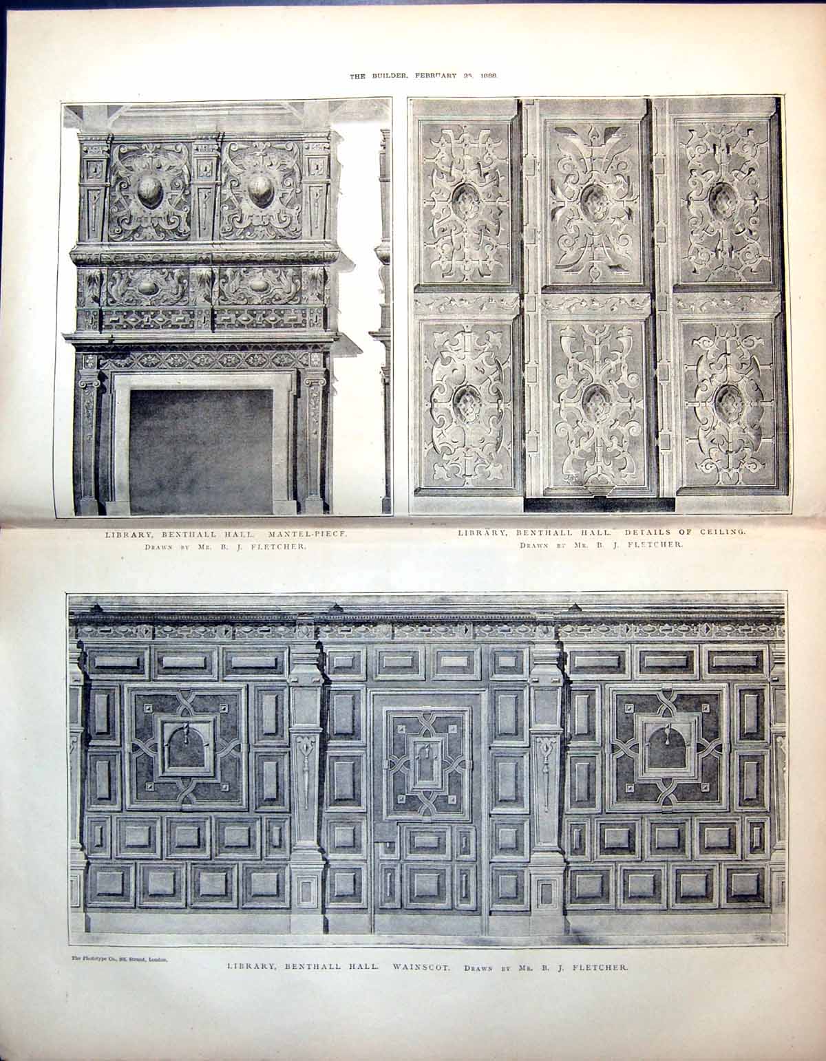 Old Library Benthall Hall Wainscot Mantel Piece Ceiling B Fletcher 1888 19th