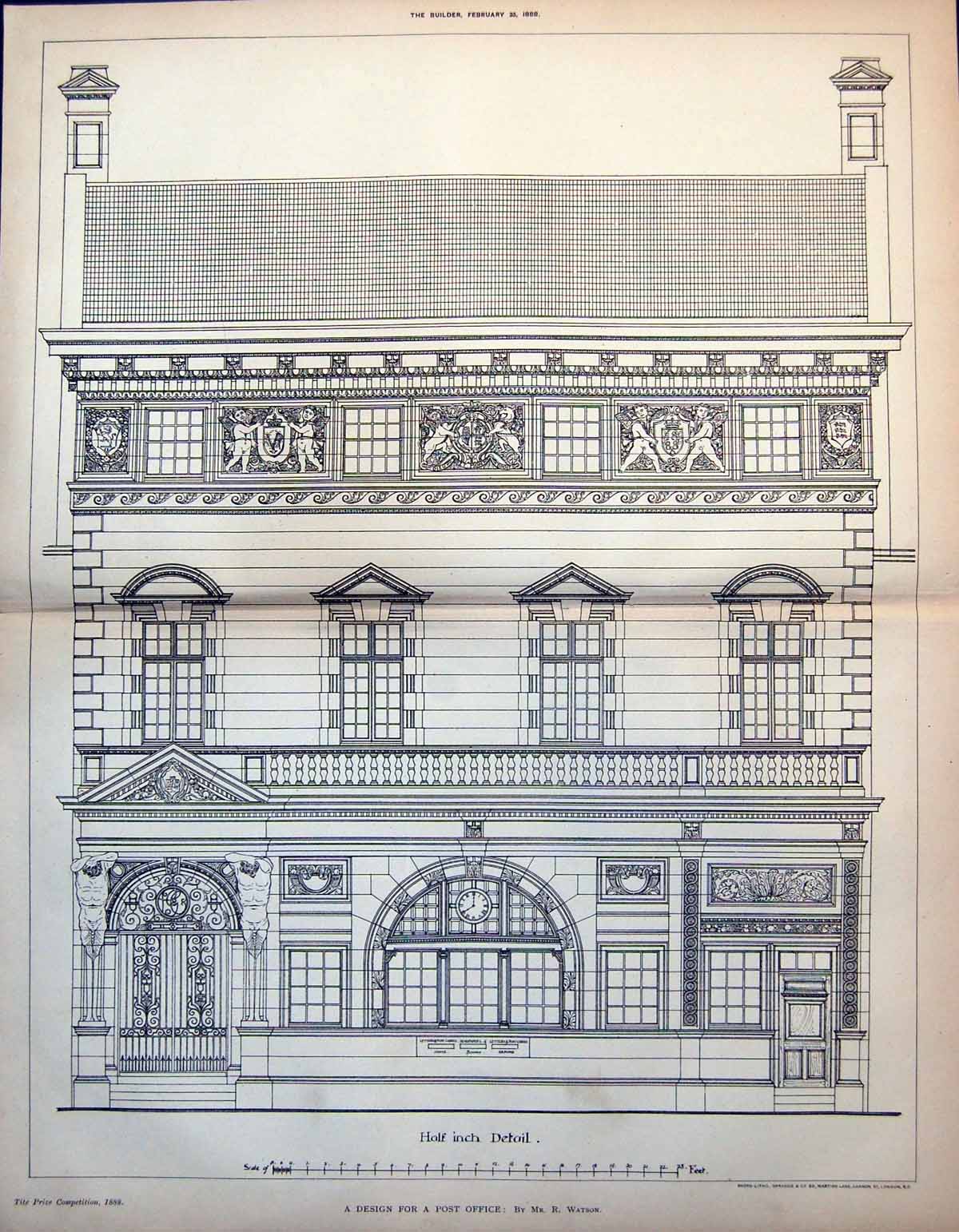 Old Design For Post Office Detail Clock Prize Competition R Watson 1888 19th