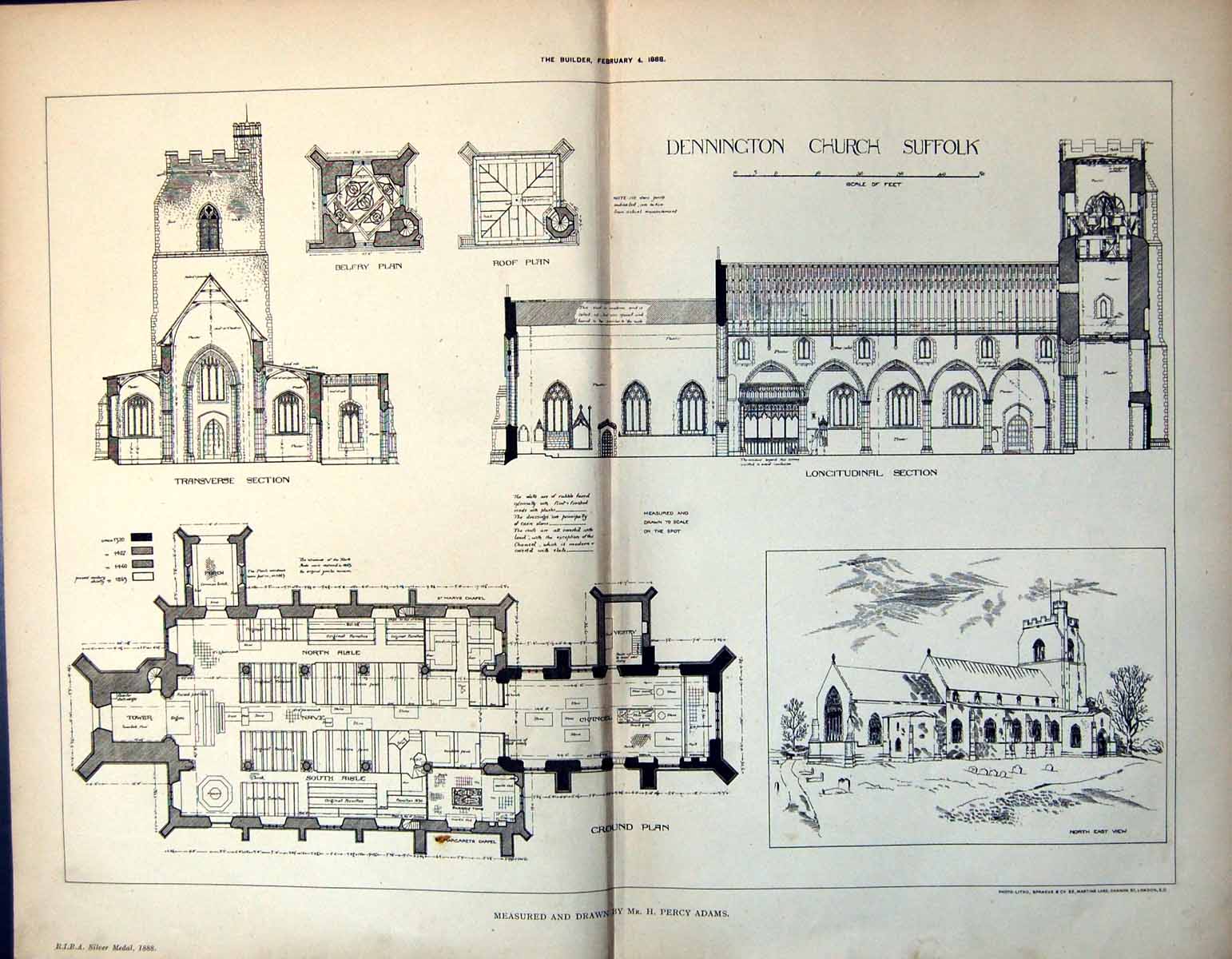 Old Plan Dennington Church Suffolk Transverse Section Percy Adams 1888 19th