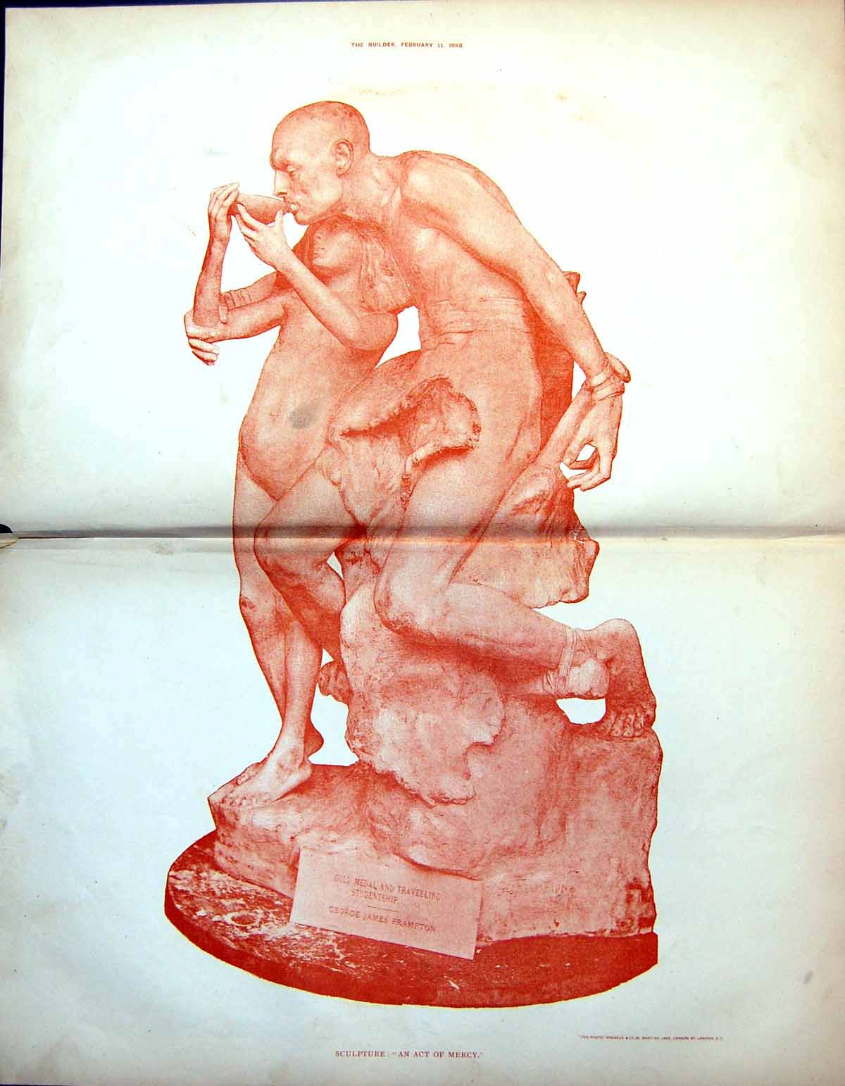 Old Print Sculpture Act Mercy Girl Man Drinking Cup George Frampton 1888 19th