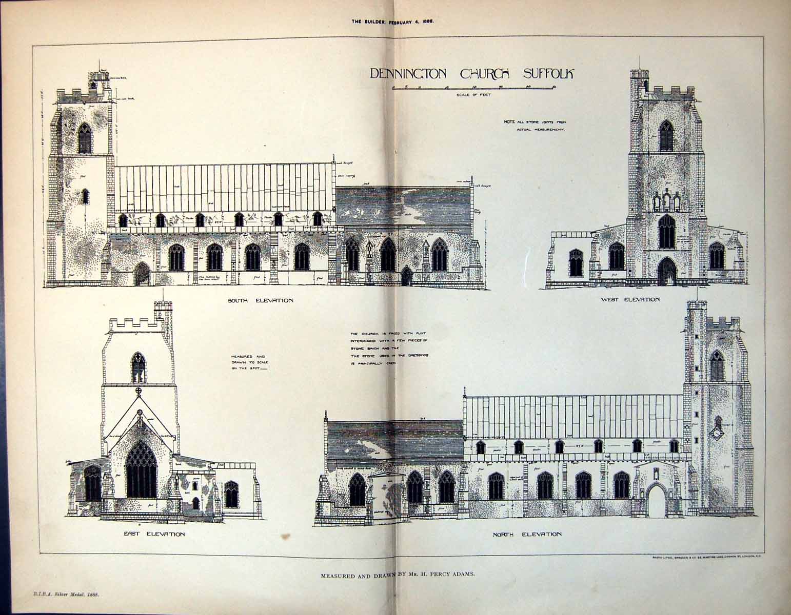 Old Plan Dennington Church Suffolk Elevation North East Percy Adams1888 19th