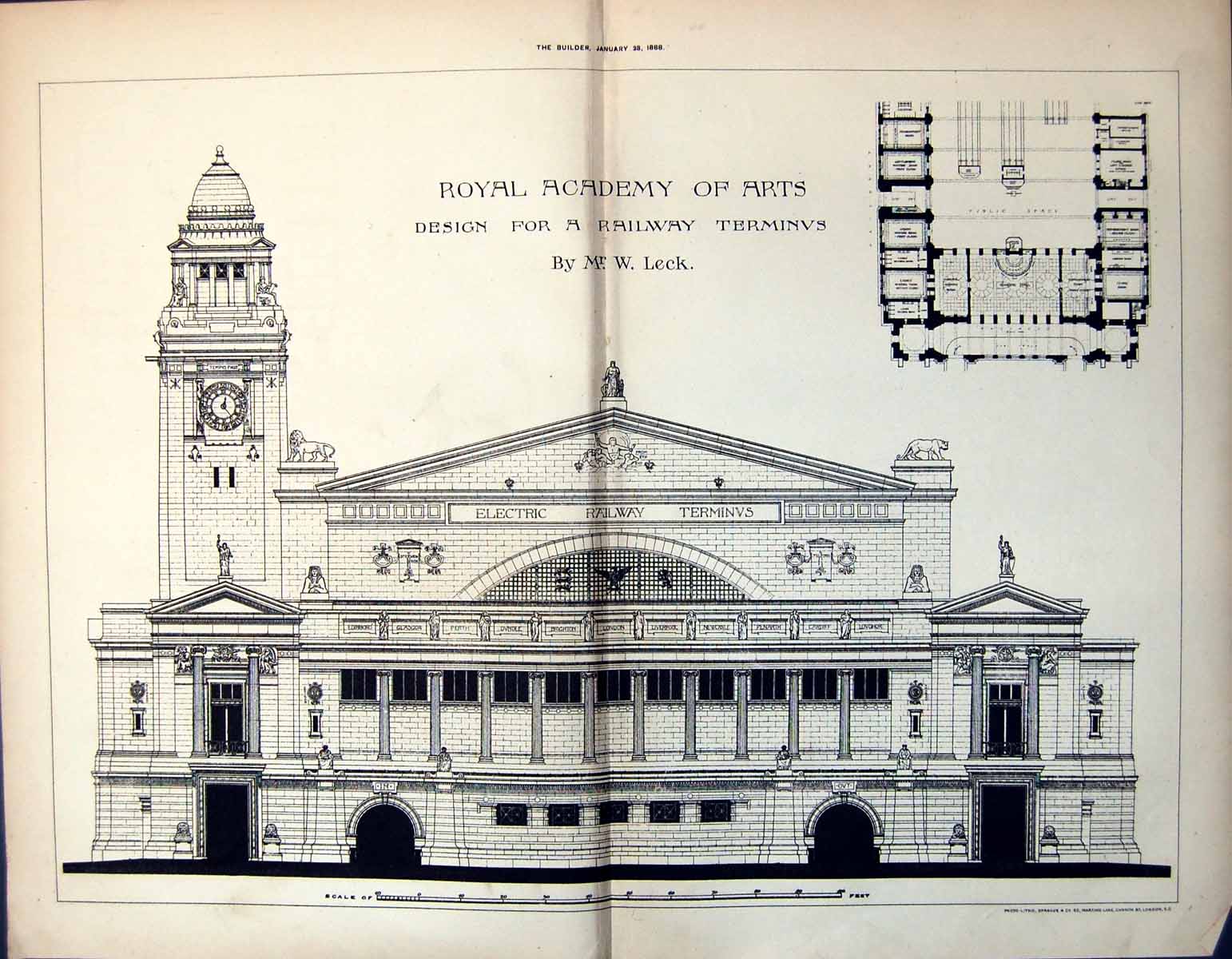 Antique Print Plan Design Railway Terminus W Leck Royal Academy Arts 1888 19th