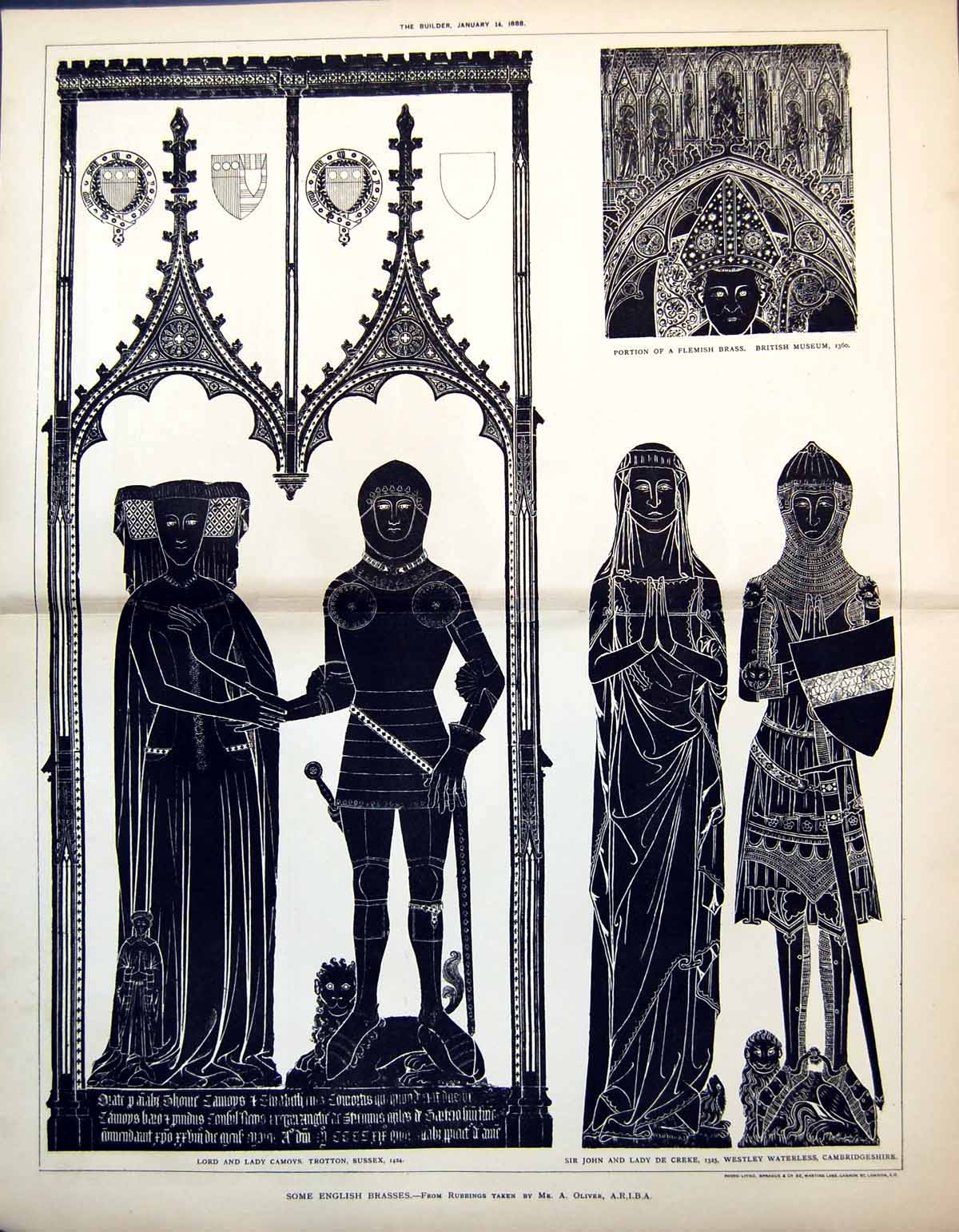 Old Print English Brasses A Oliver Lord Lady Caoys Sir John Lady De Creke 1888