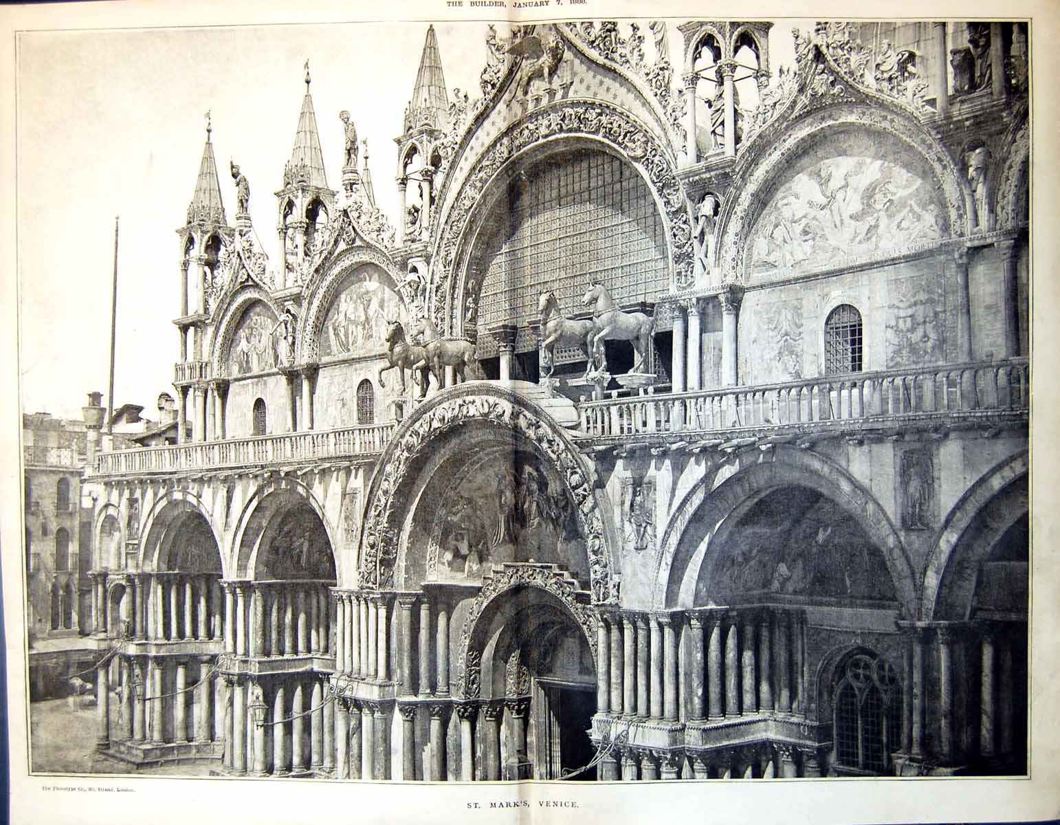 Original Old Antique Print St Marks Venice Balcony Sculpture Horses 1888 19th