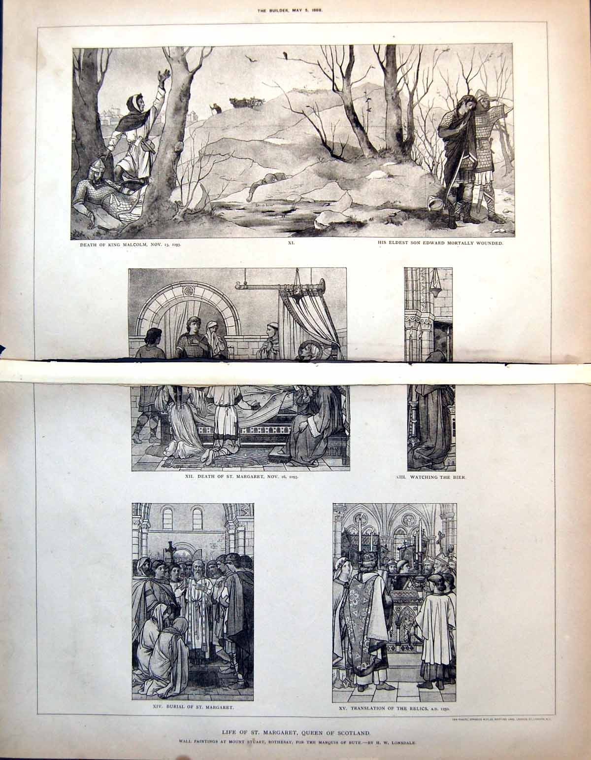 Old Print Wall Painting Rothesay St Margaret Queen Scotland 1888 Damaged 19th