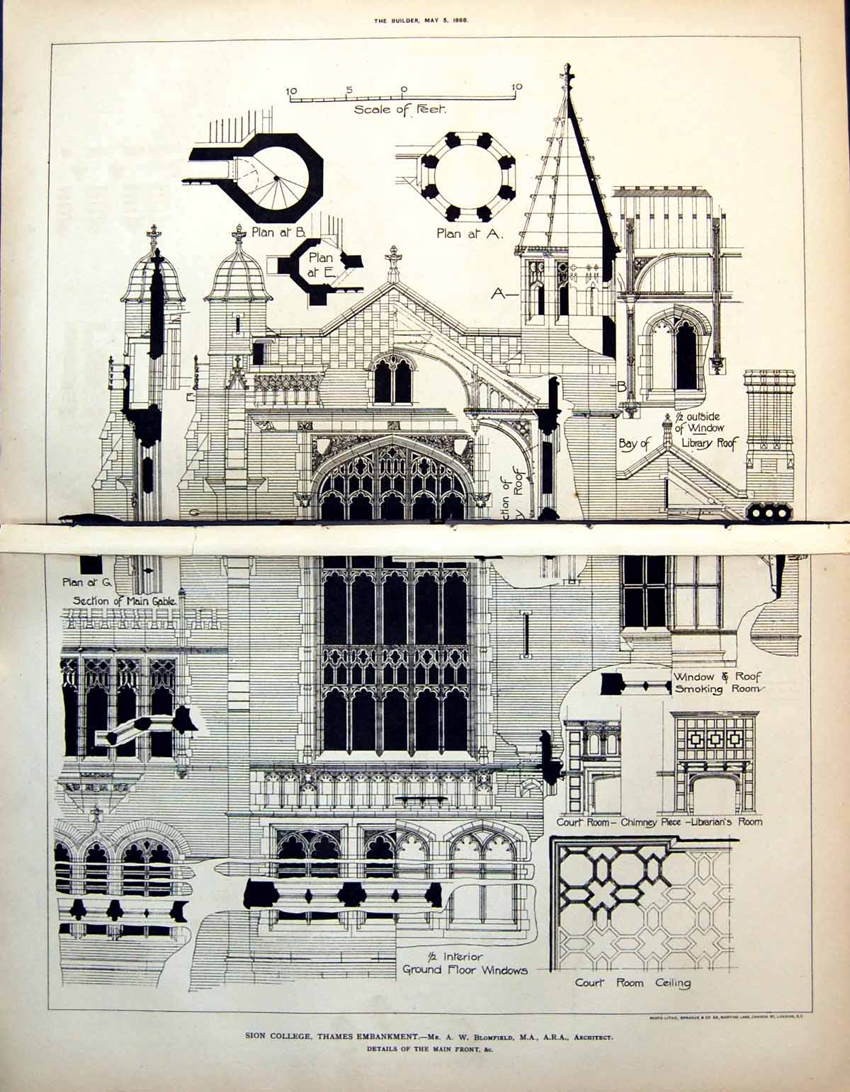 Old Sion College Thames Embankment A Blomfield Main Front 1888 Damaged 19th