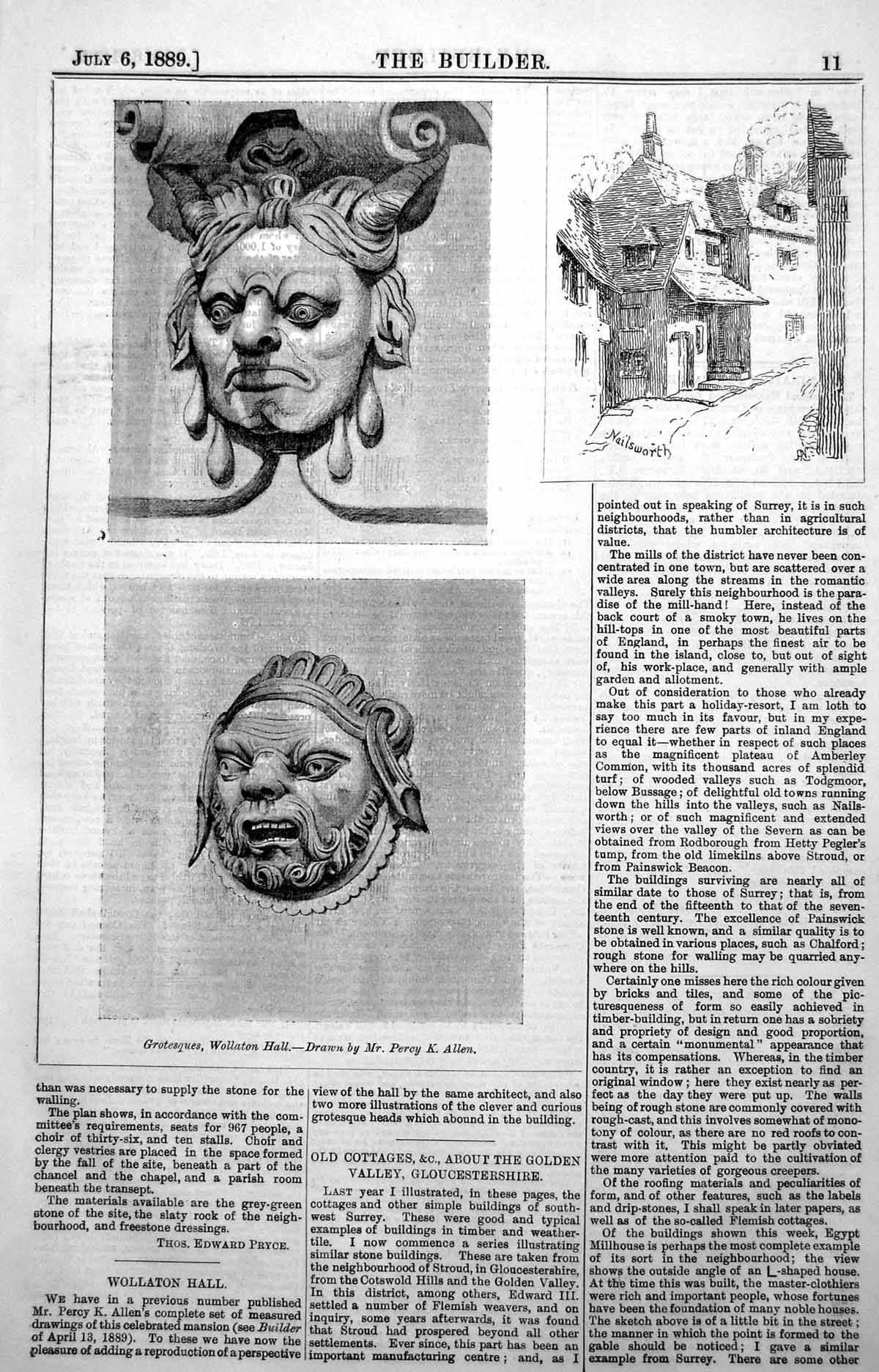 Antique Old Print Houses Nailsworth Grotesques Wollaton Hall Percy Allen 1889