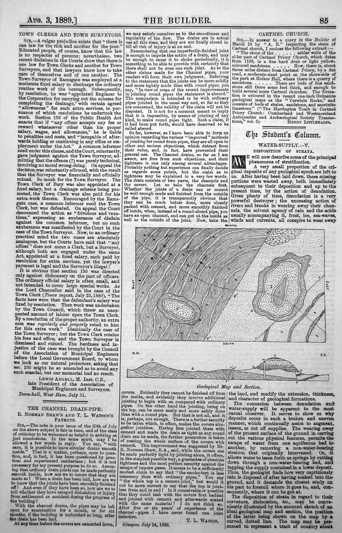 Antique Old Print Water Supply Disposition Strata Geological Map Section 1889
