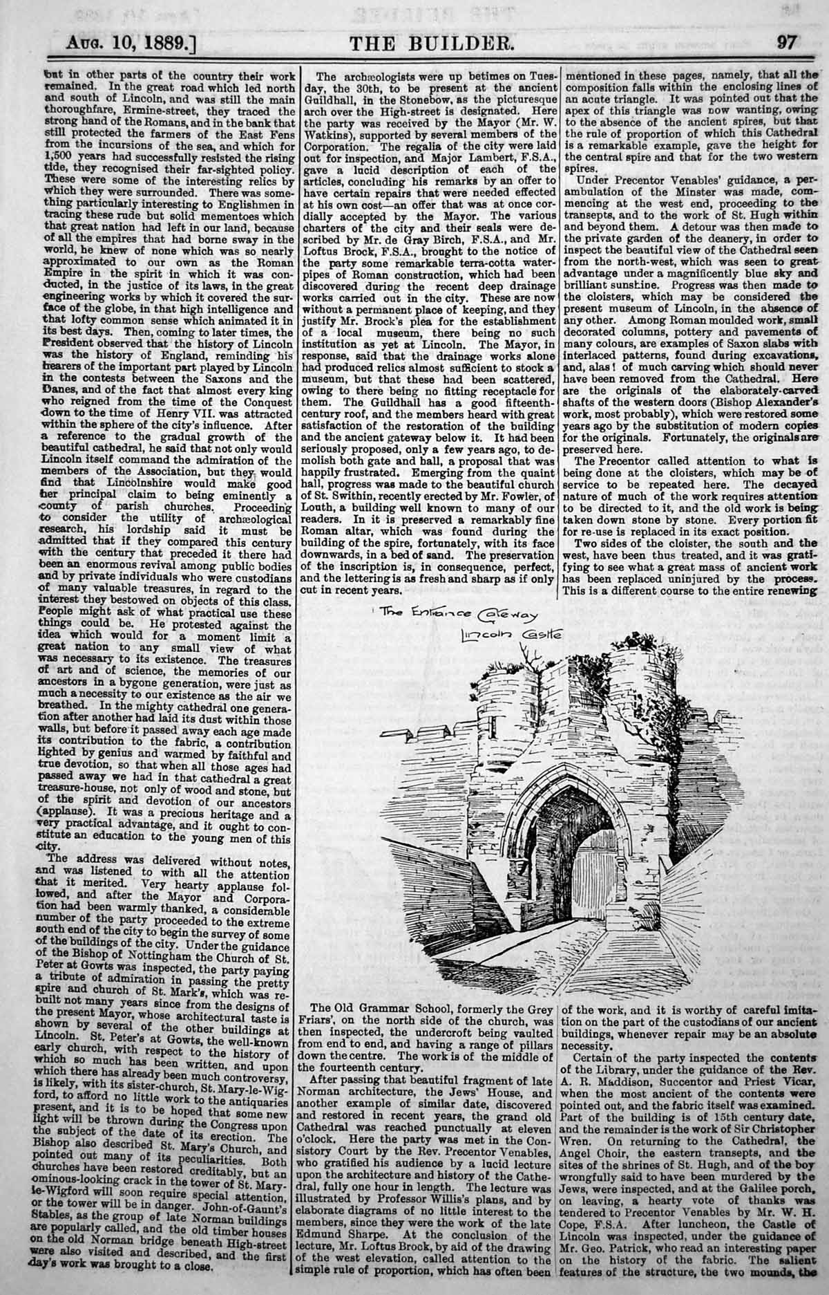 Original Old Antique Print Entrance Gateway Lincoln Castle Arch 1889 Victorian