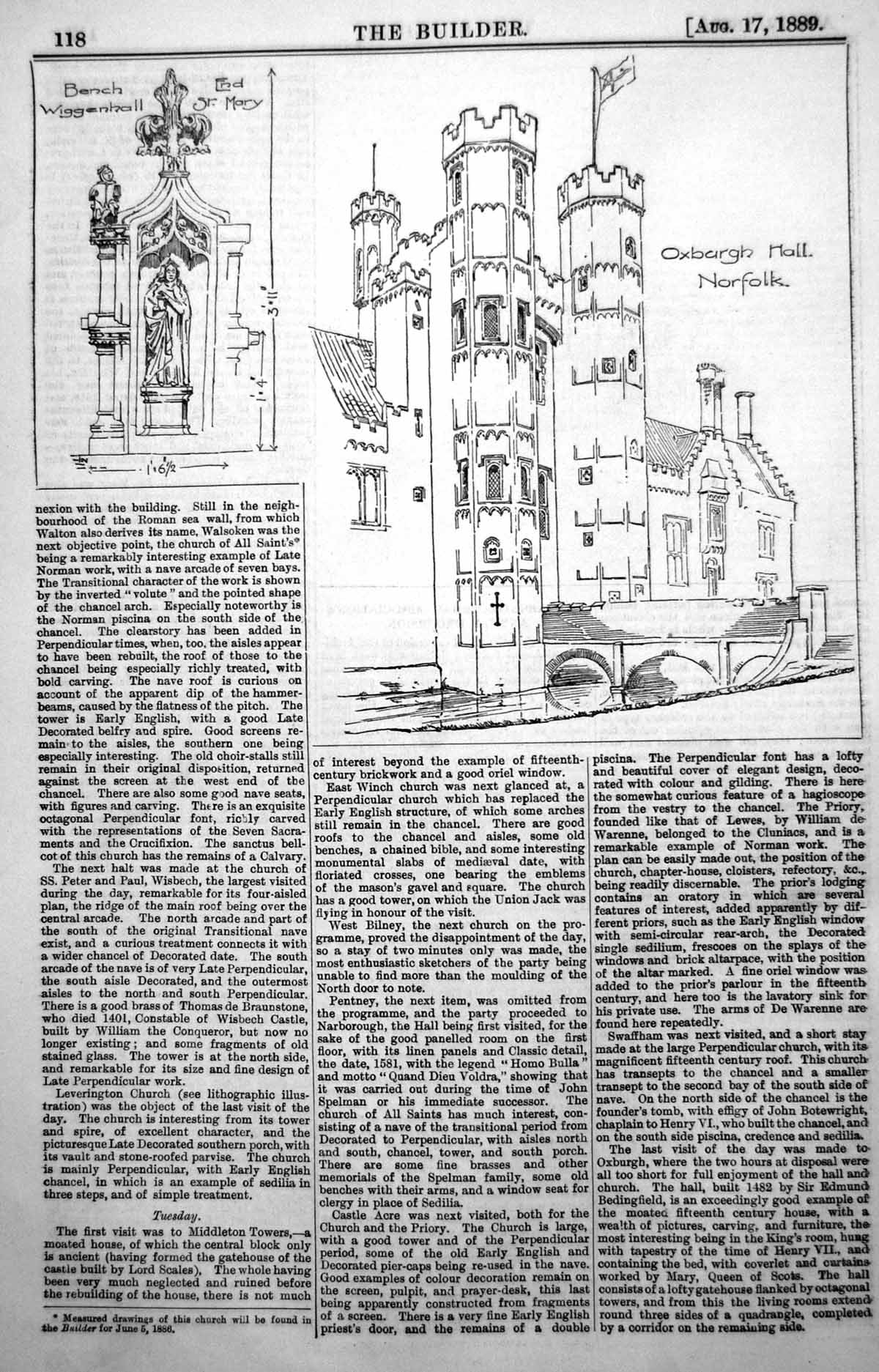 Old Antique Print Oxburgh Hall Norfolk Bench Wiggenhall End St Mary 1889 19th
