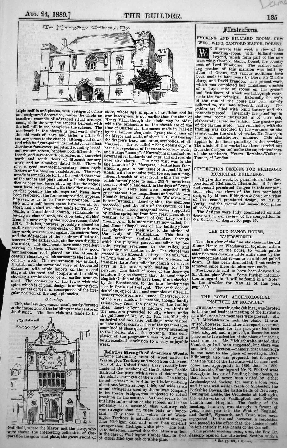 Old Antique Print Monastery Gateway Ely Guildhall Kings Lynn 1889 Damaged 19th