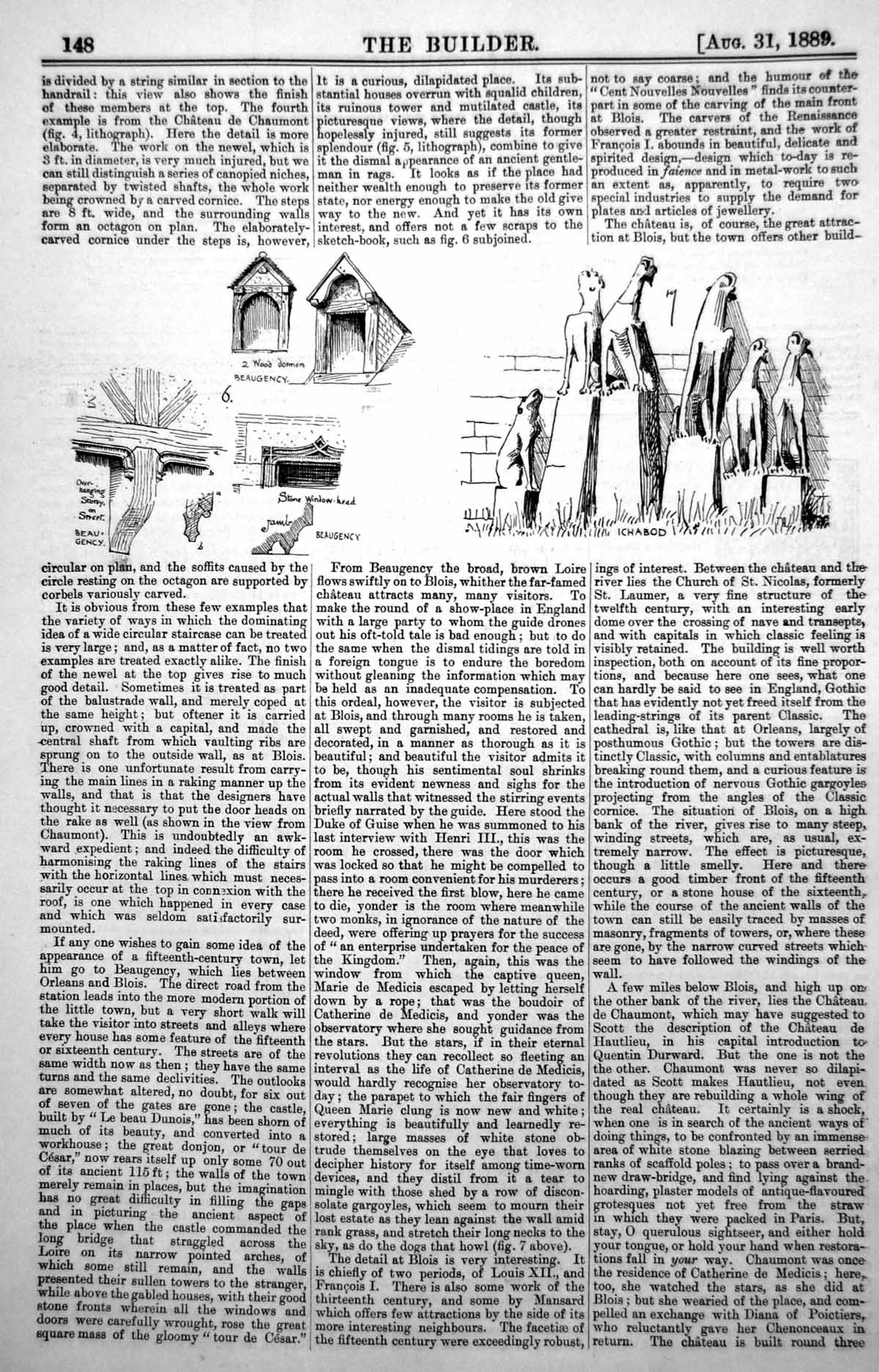 Old Print Beaugency Windows Wood Dormers Overhanging Storey Ichabod 1889 19th