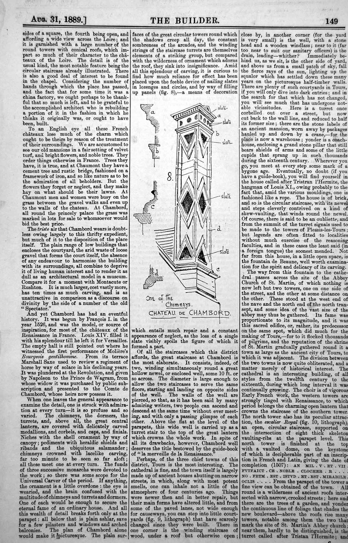 Antique Print One Chimneys Chateau De Chambord Slate Triangle Diamond 1889 19th