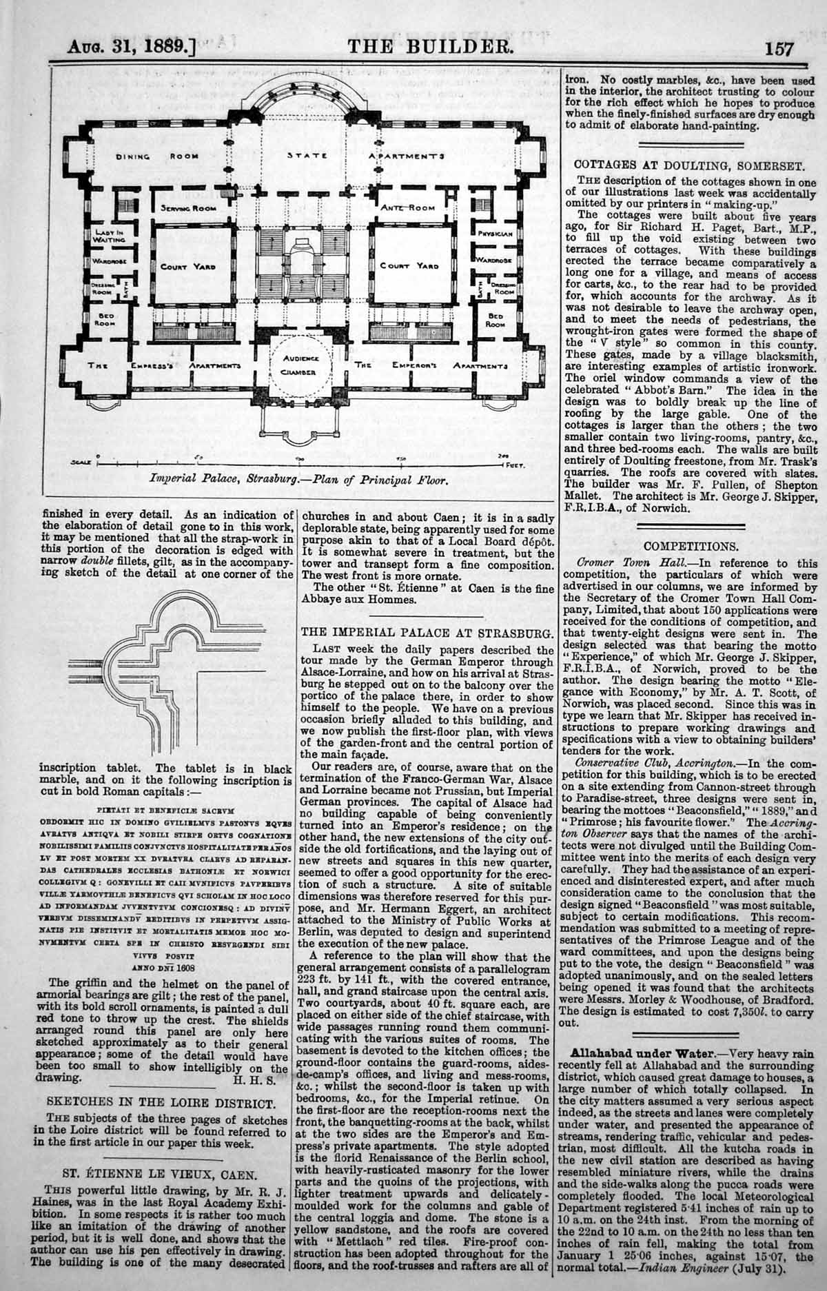 Original Old Antique Print Imperial Palace Strasburg Plan Principal Floor 1889
