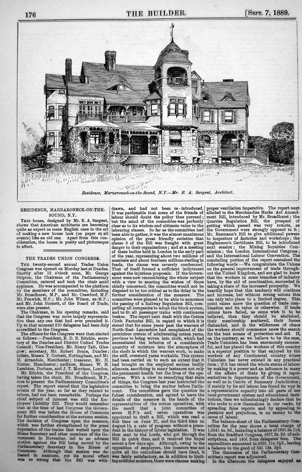 Old Plan Residence Marnaroneck-On-Sound New York E Sargent Arch 1889 Victorian