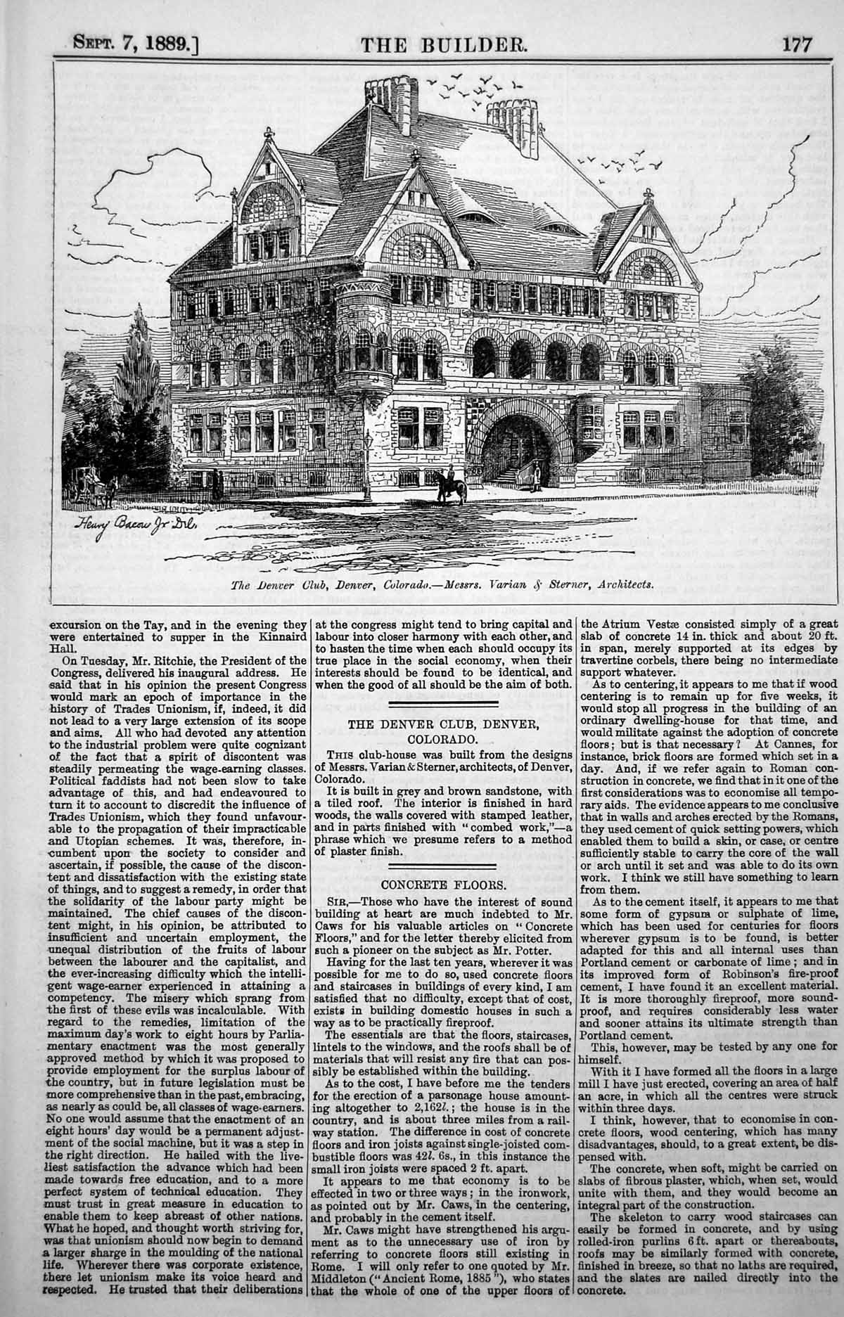 Old Plan Denver Club Denver Colorado Messrs Varian & Sterner Arch 1889 19th