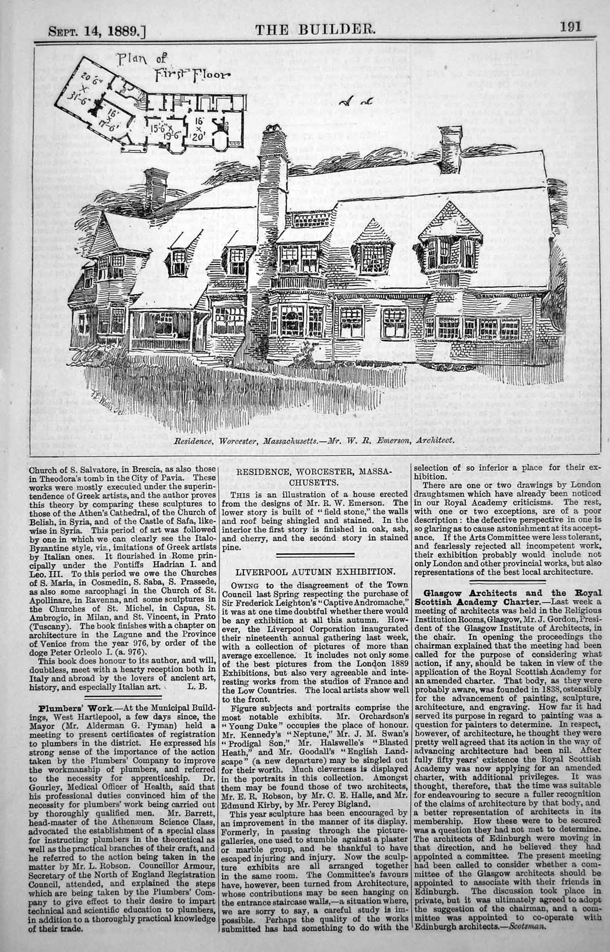 Antique Old Print Plan Residence Worcester Massachusetts W Emerson Arch 1889