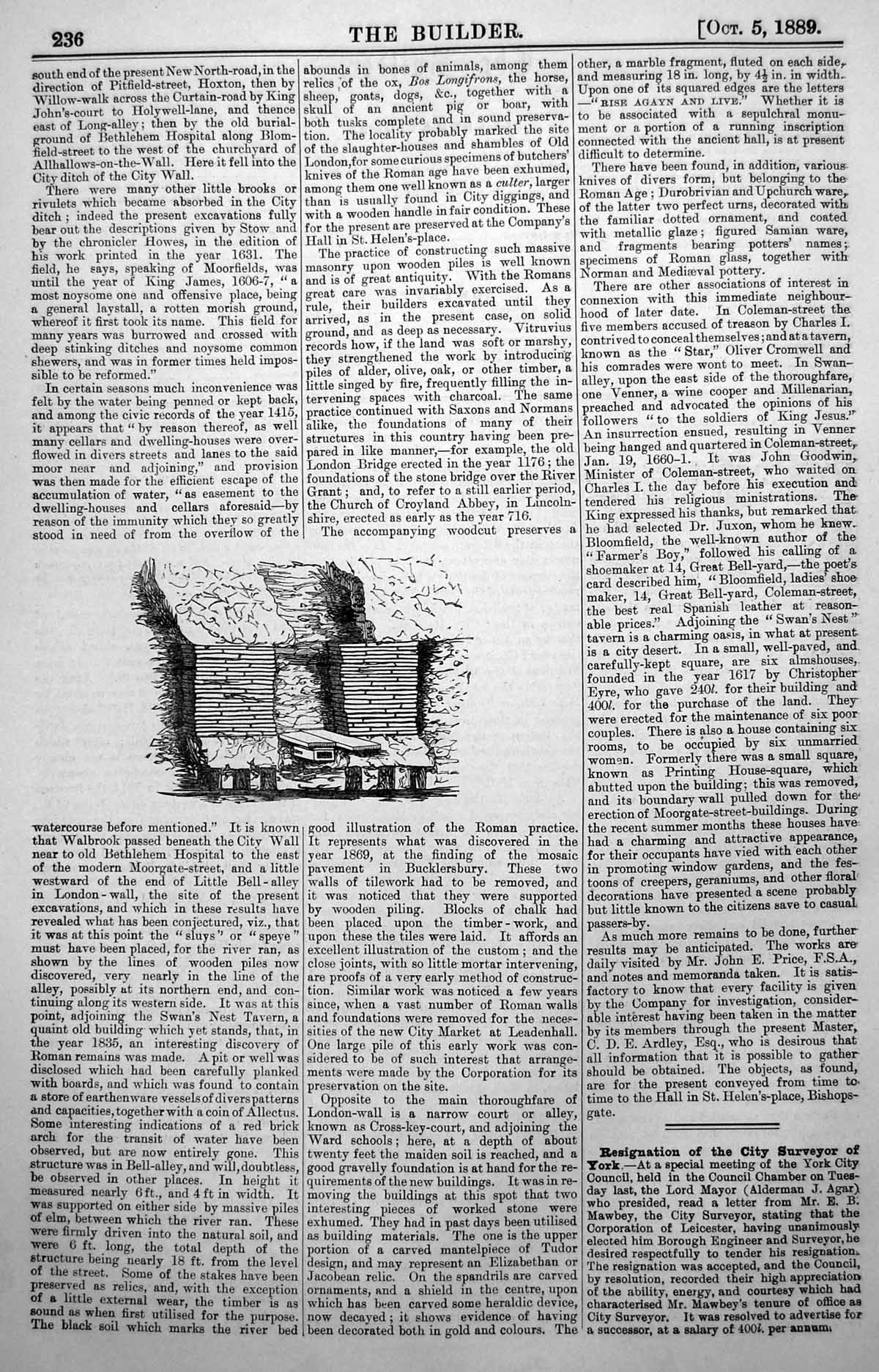 Old Print Roman Medieval London Pavement Walls Tilework Wood Piling 1889 19th